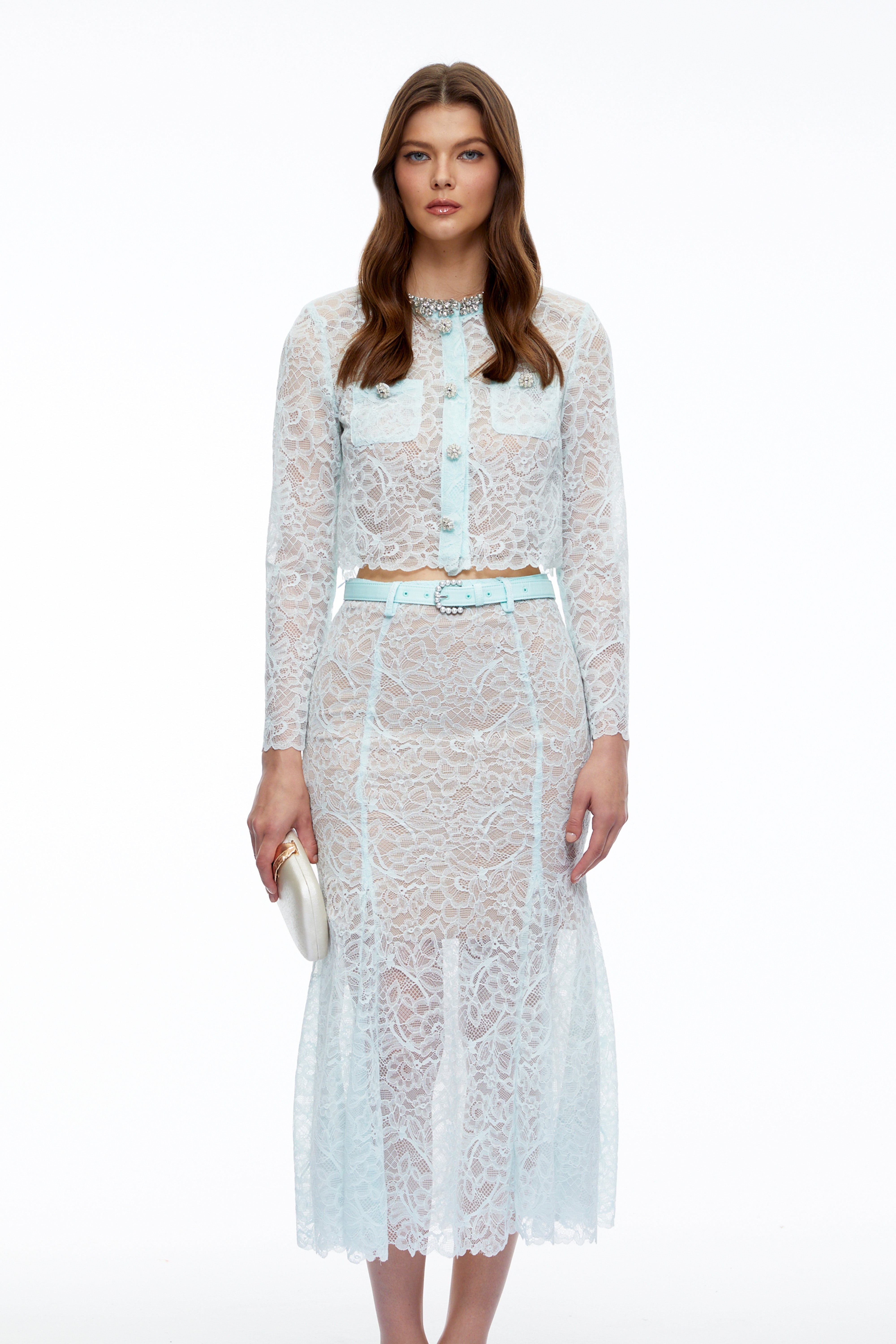 Darlene Mint Green Long Sleeves Lace Blouse & Skirt Set