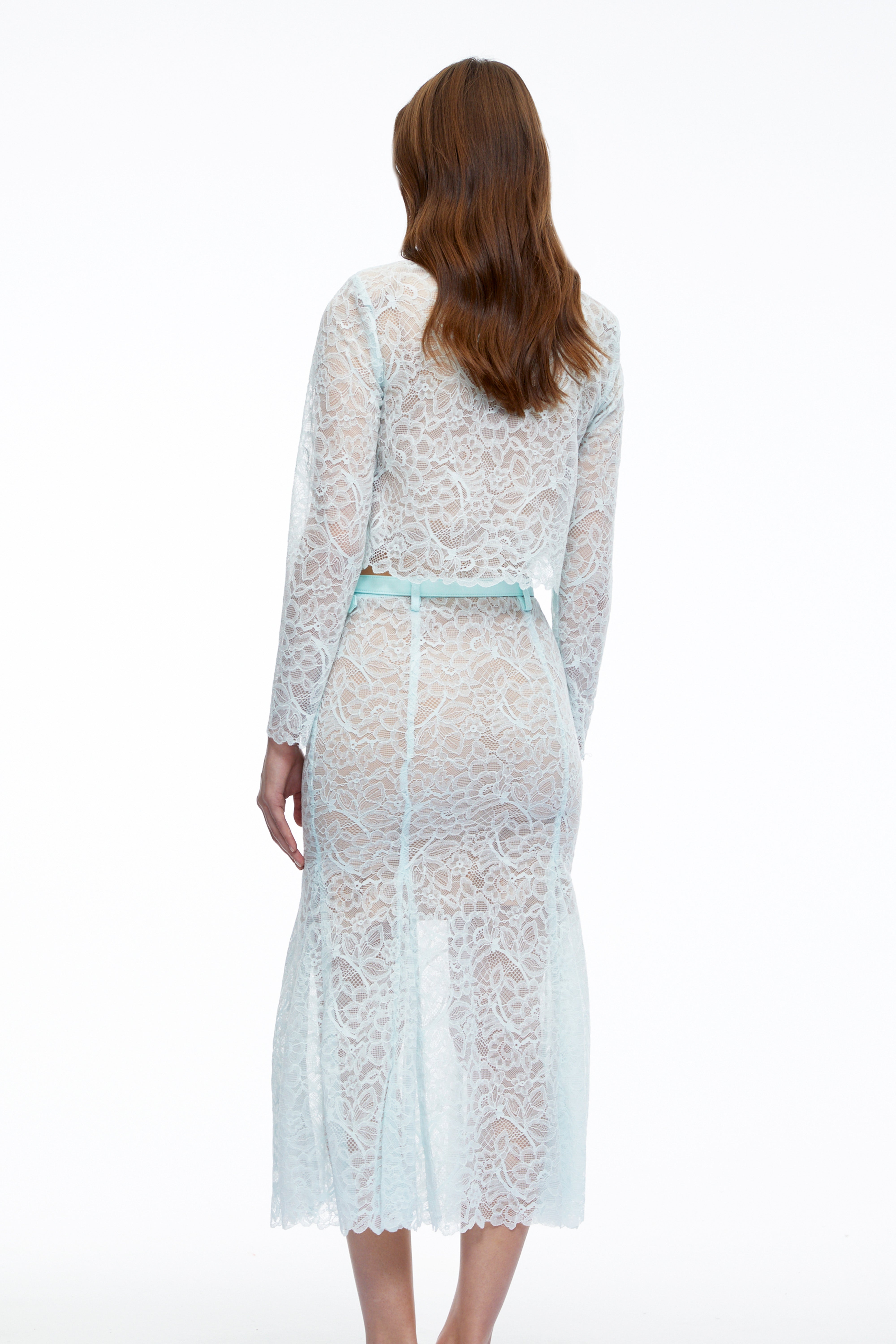 Darlene Mint Green Long Sleeves Lace Blouse & Skirt Set