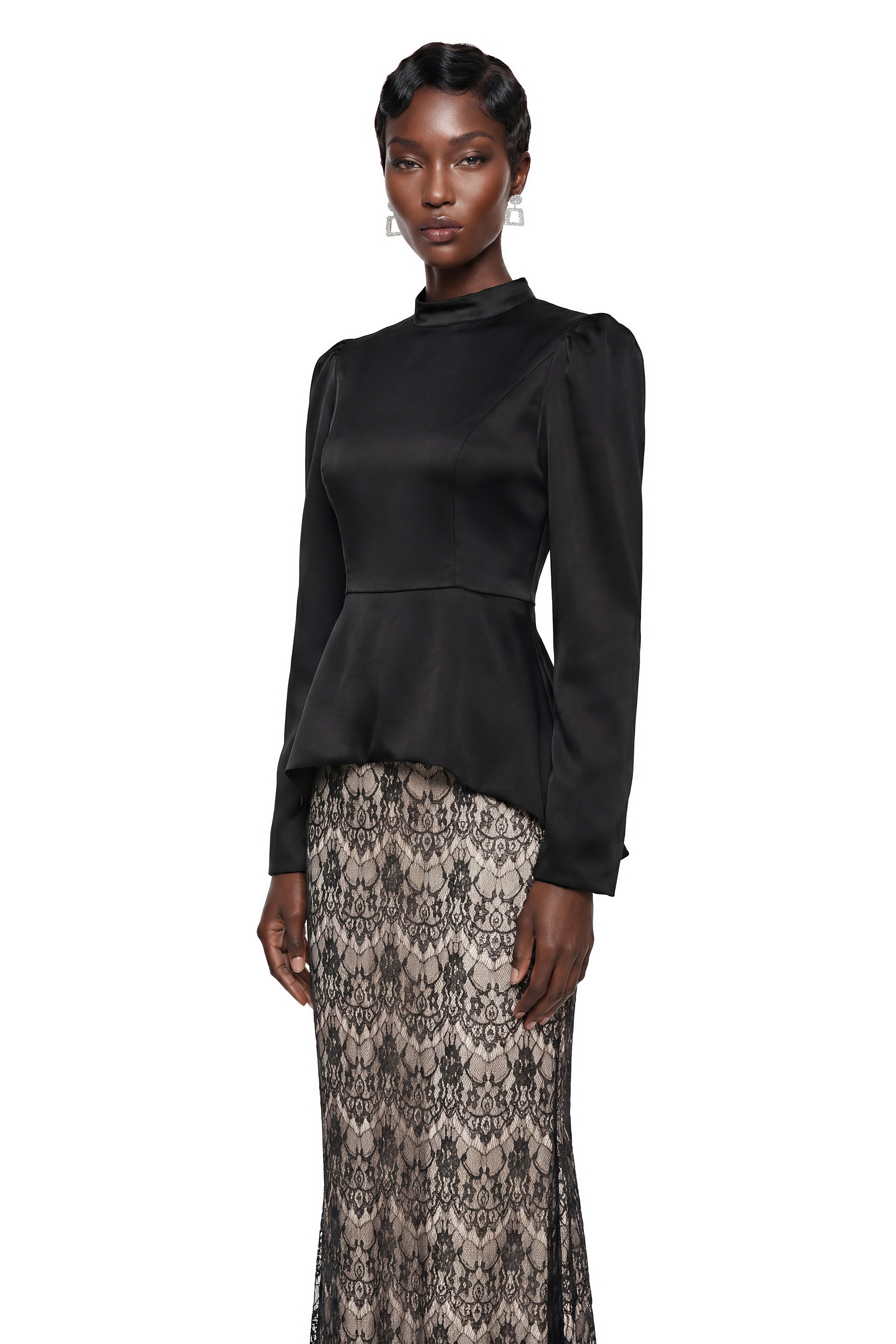 Deborah Black Mock Neck Maxi Dress with Lace Panels