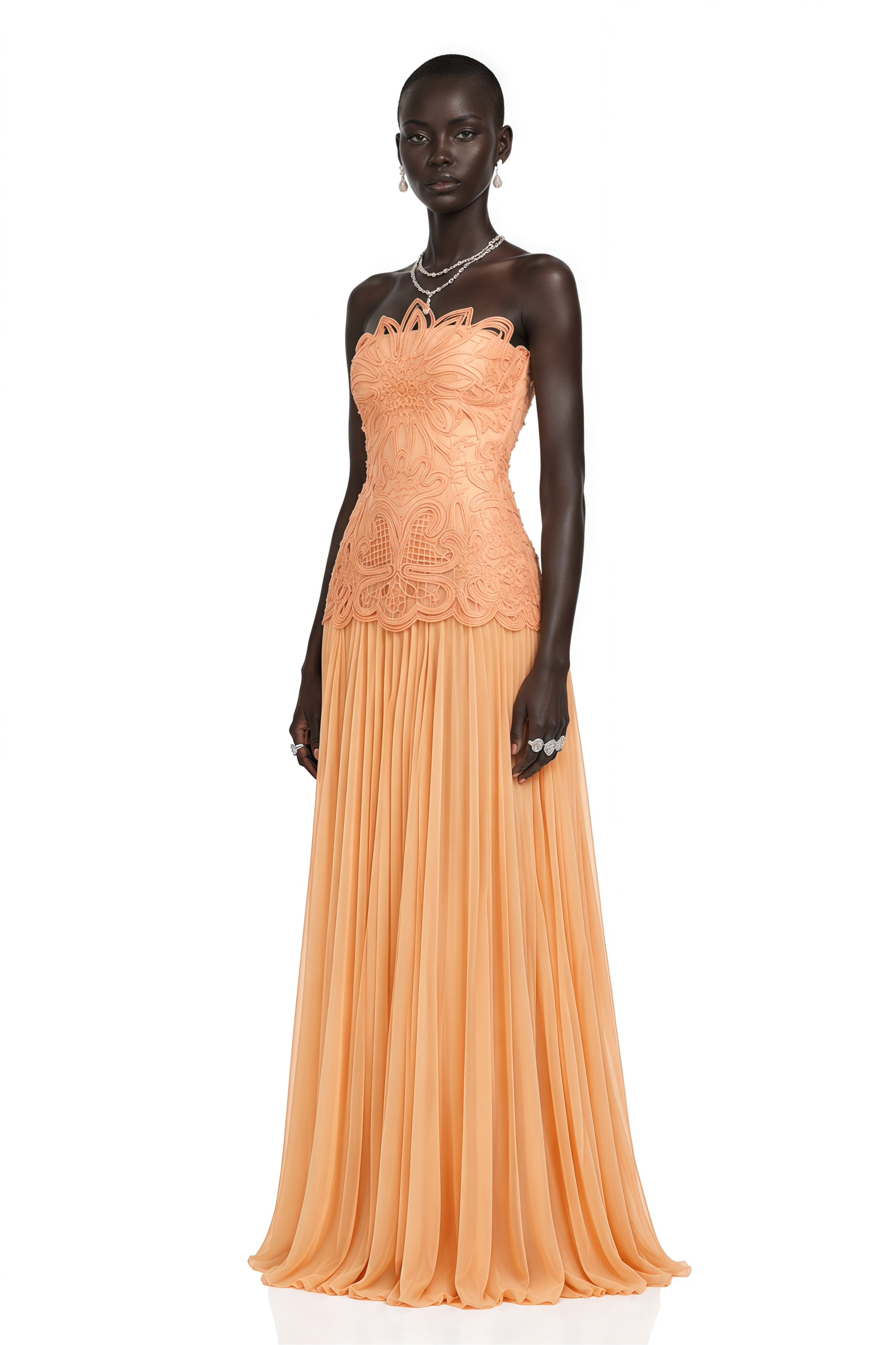 Defne Orange Pleated Maxi Dress with Floral Applique
