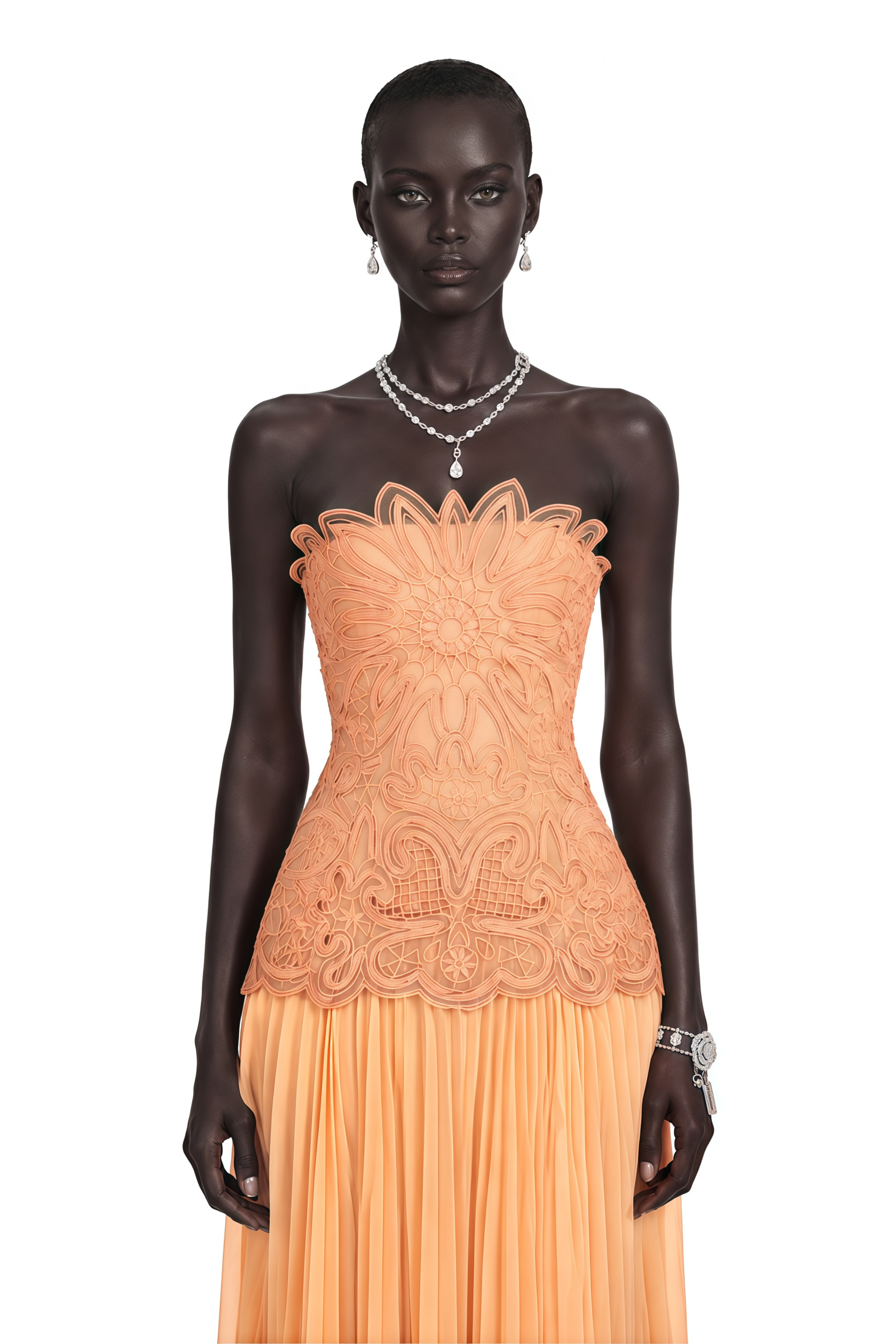 Defne Orange Pleated Maxi Dress with Floral Applique