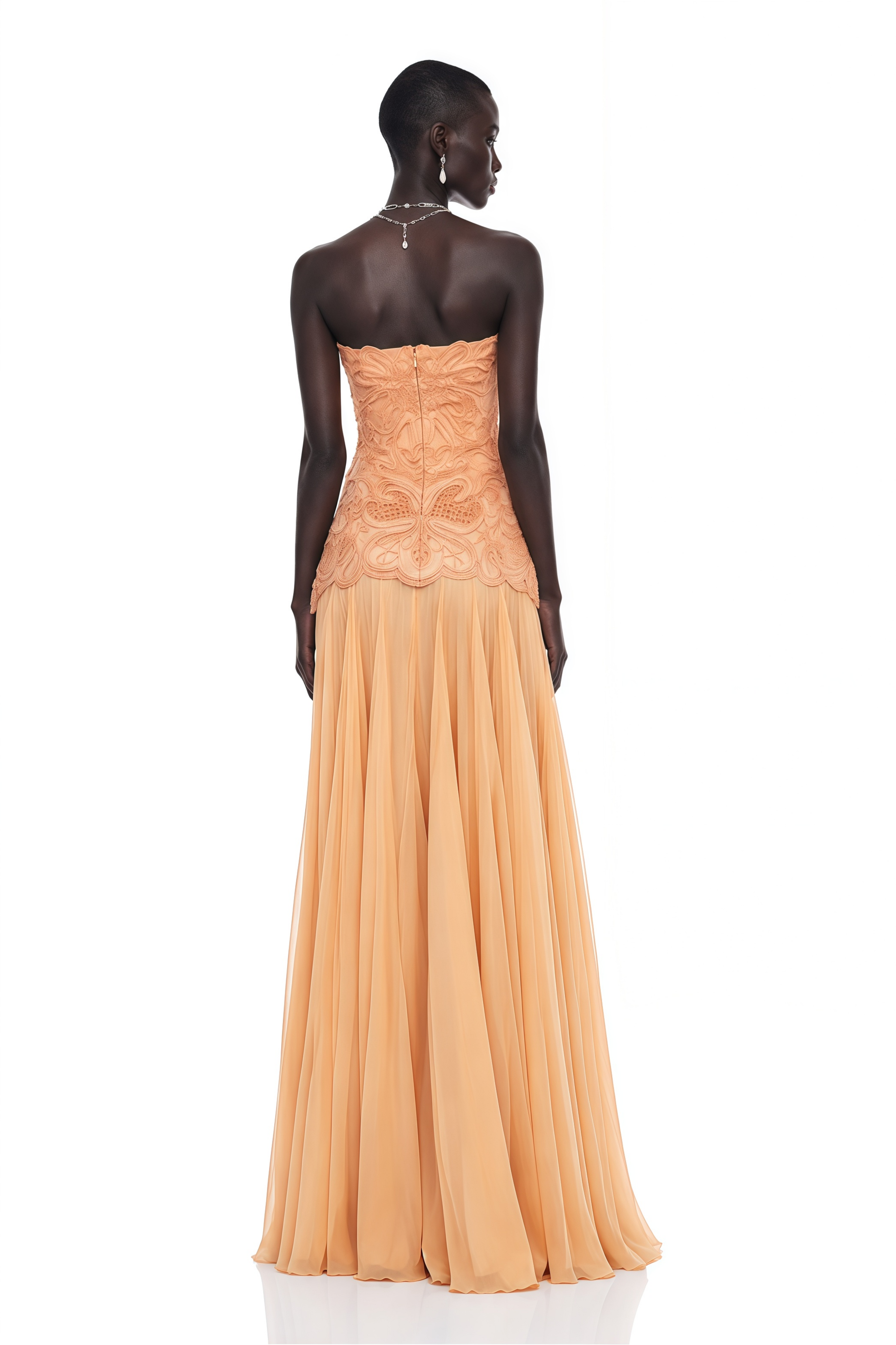 Defne Orange Pleated Maxi Dress with Floral Applique