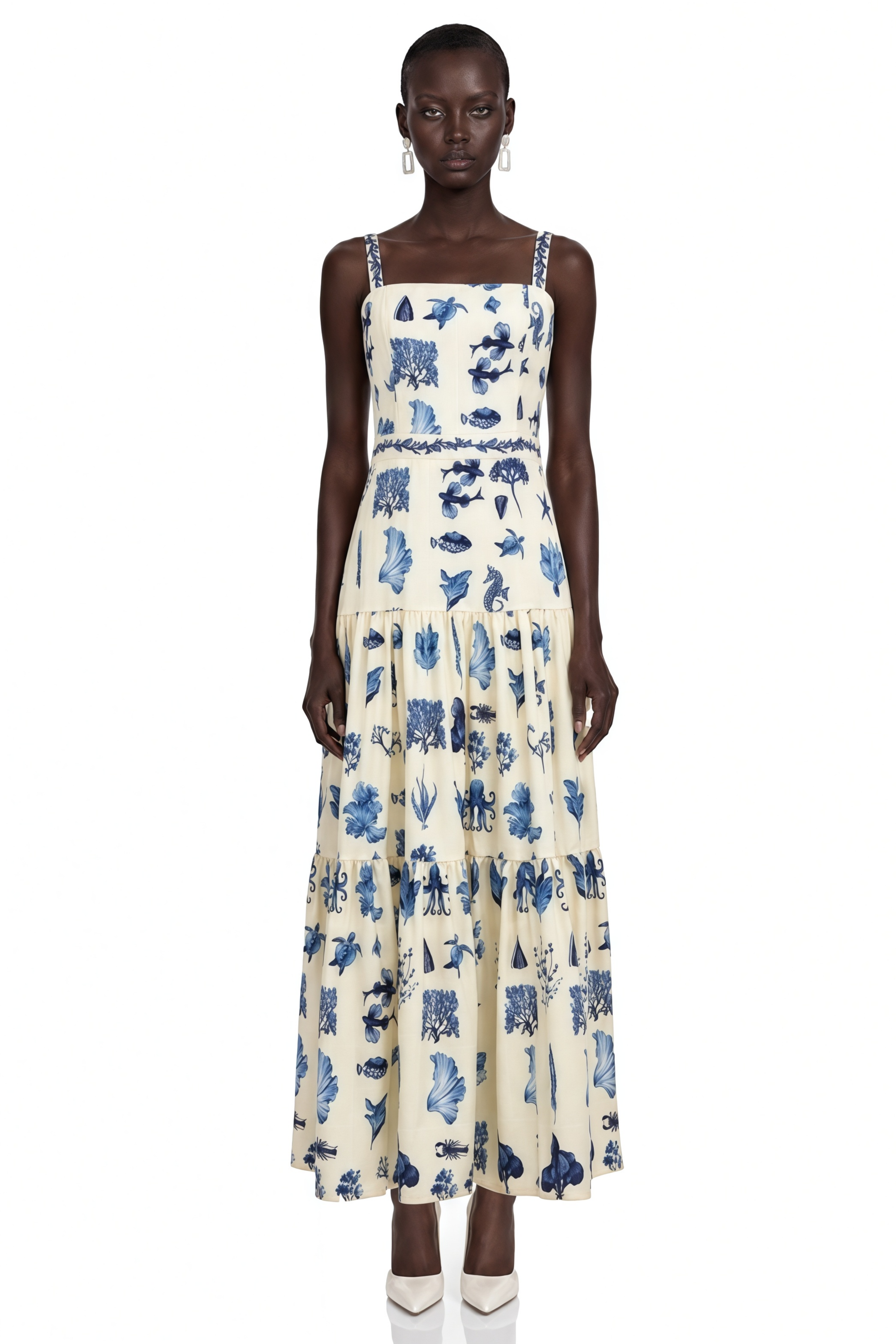 Delilah Blue Floral Print Midi Dress with Spaghetti Straps