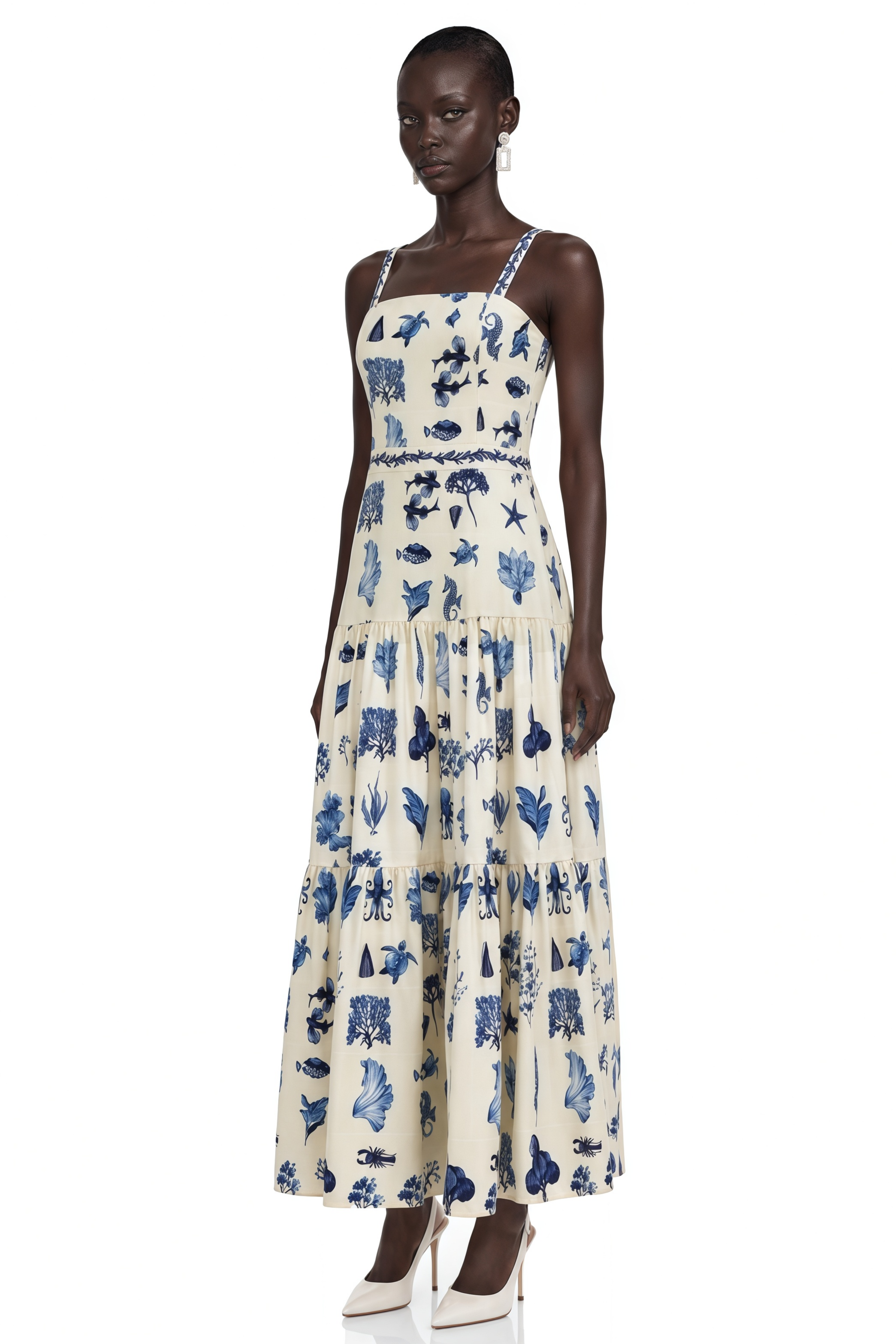 Delilah Blue Floral Print Midi Dress with Spaghetti Straps