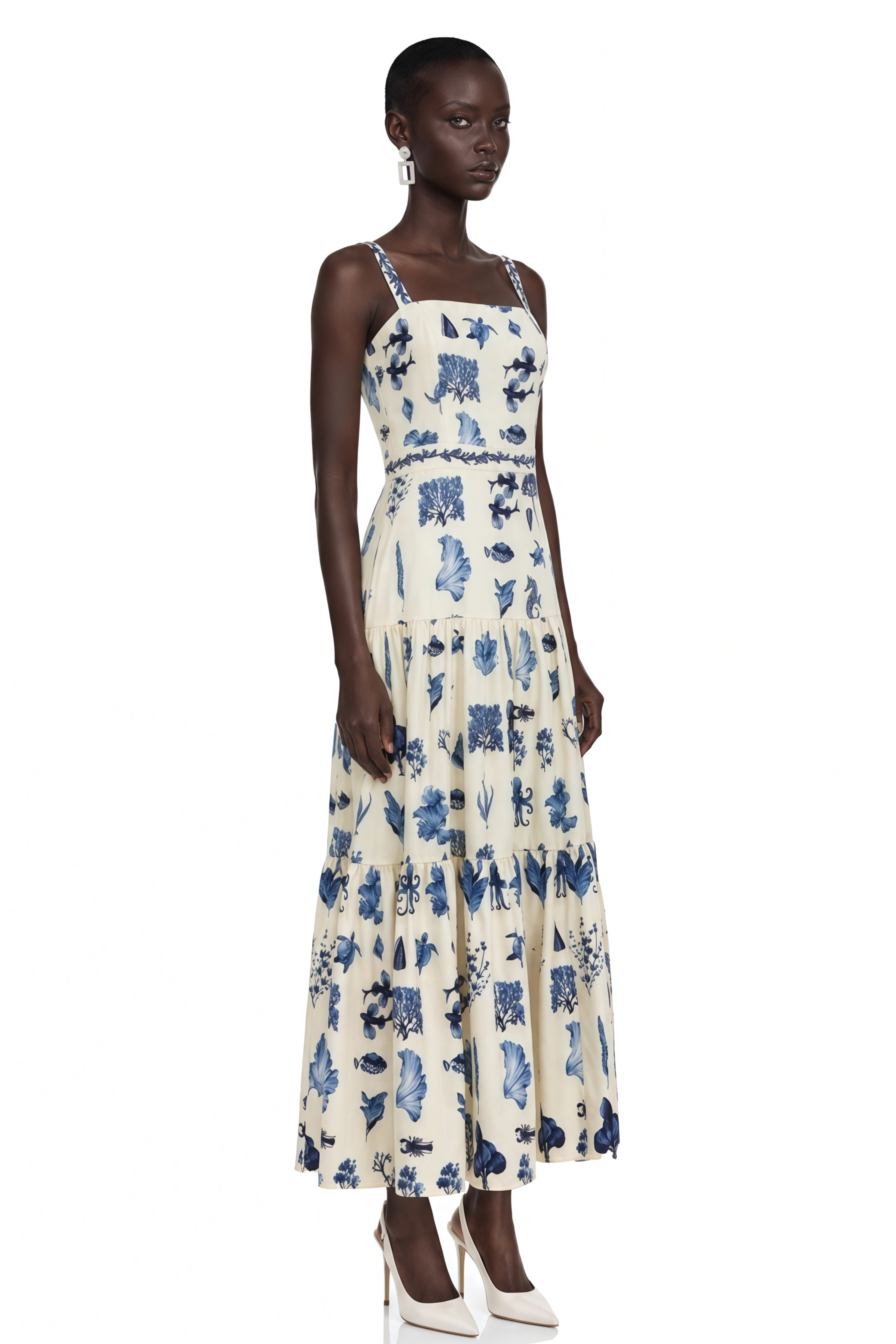 Delilah Blue Floral Print Midi Dress with Spaghetti Straps
