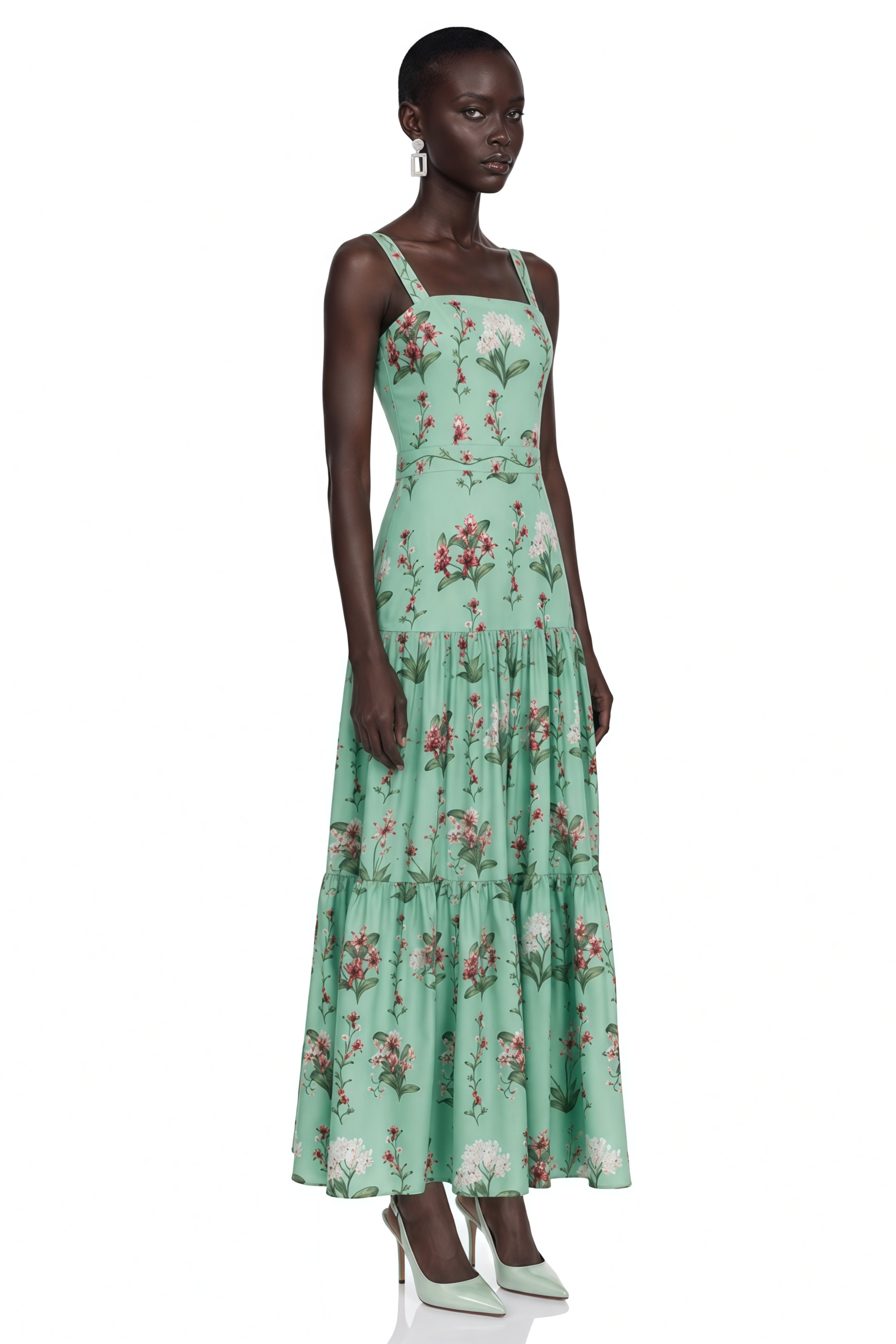 Delilah Green Floral Print Midi Dress with Spaghetti Straps