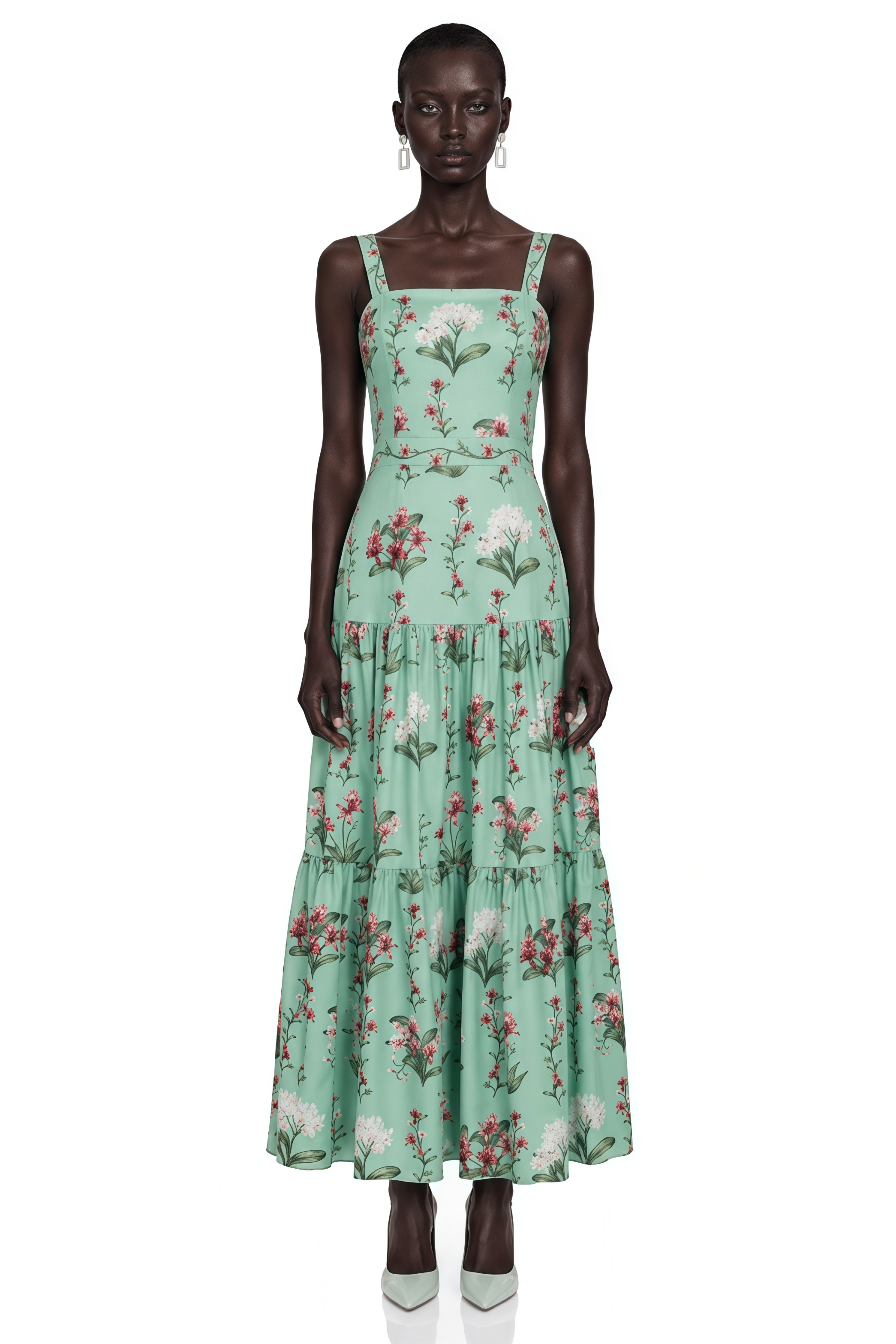 Delilah Green Floral Print Midi Dress with Spaghetti Straps