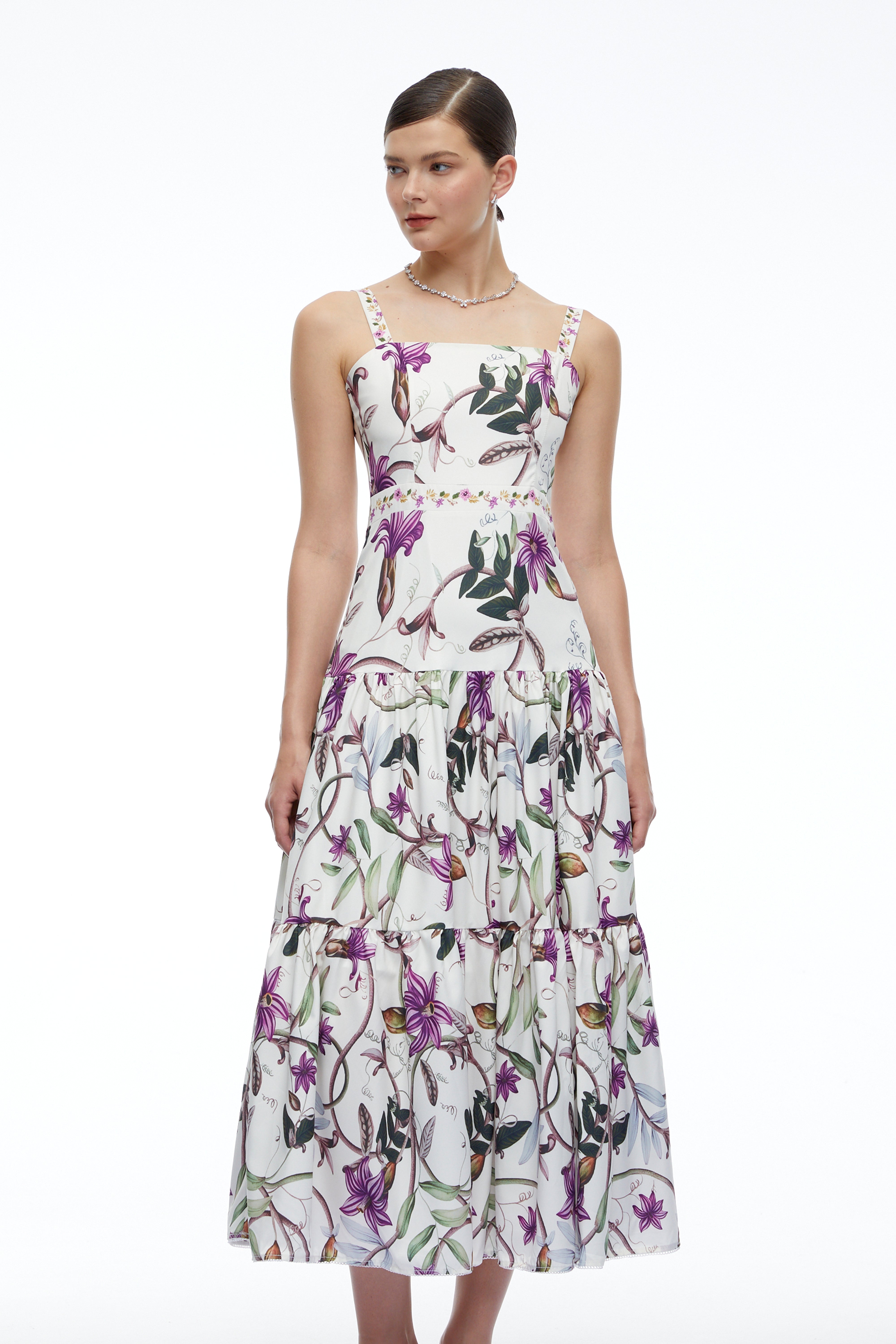 Delilah White Floral Print Midi Dress with Spaghetti Straps