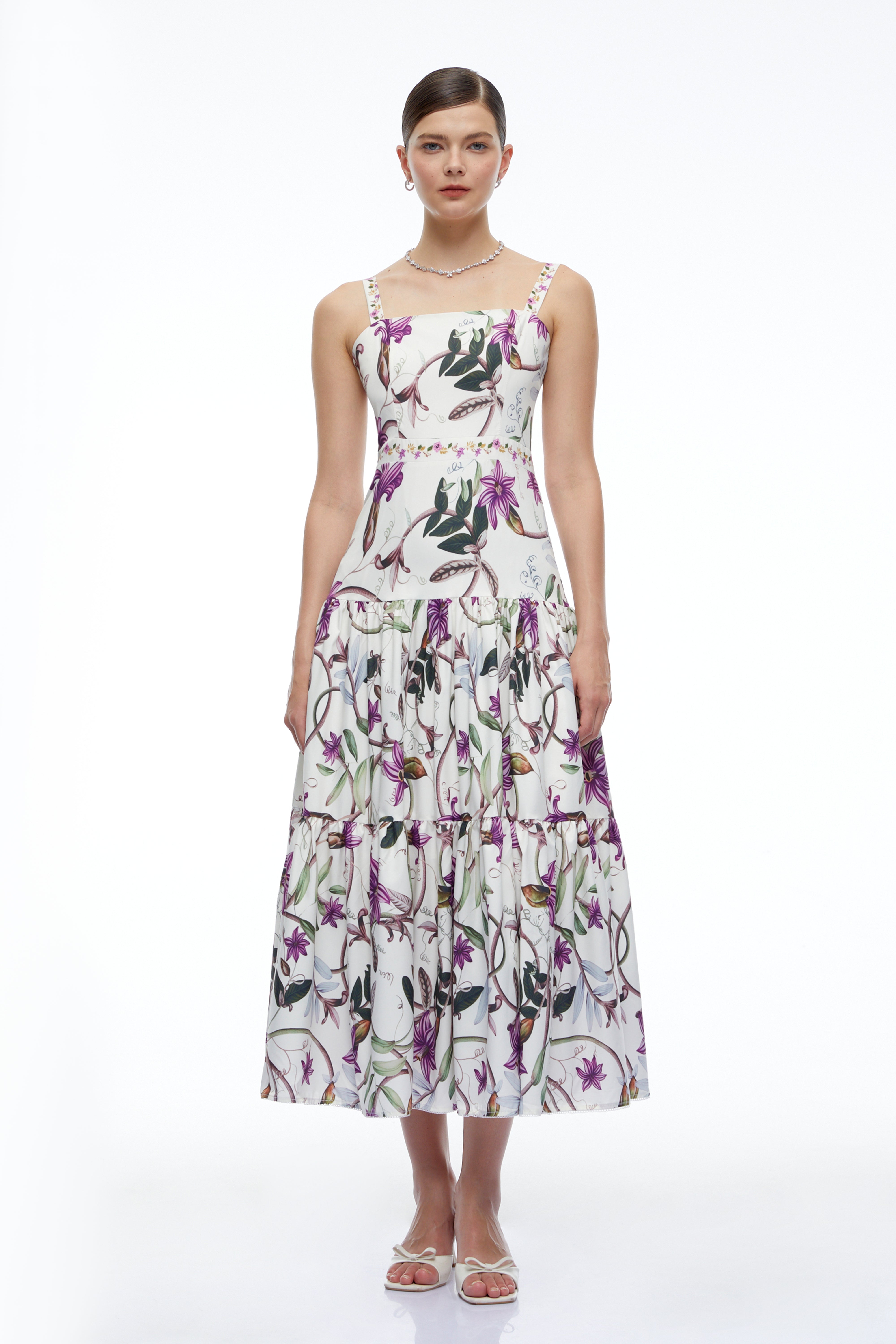 Delilah White Floral Print Midi Dress with Spaghetti Straps