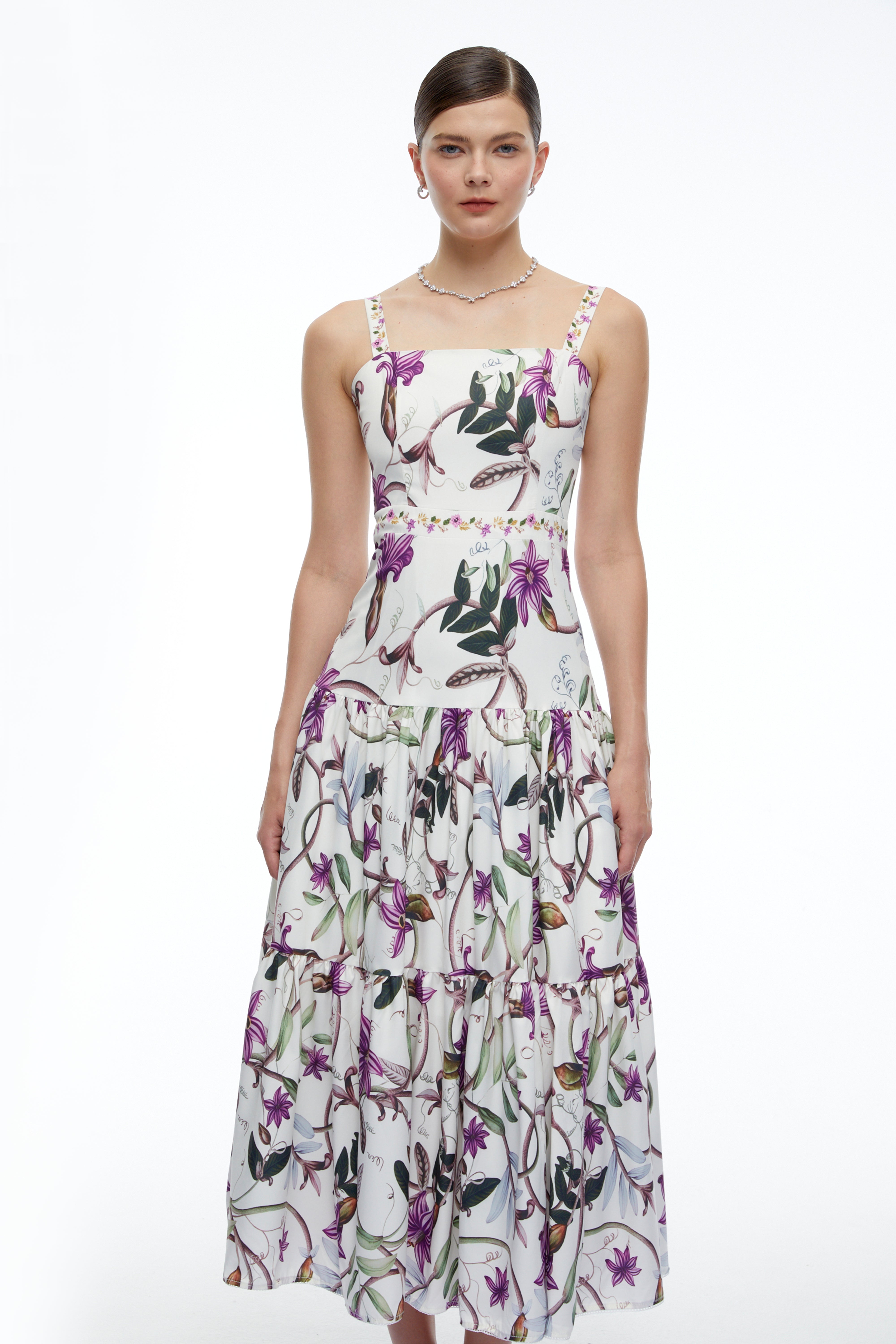 Delilah White Floral Print Midi Dress with Spaghetti Straps