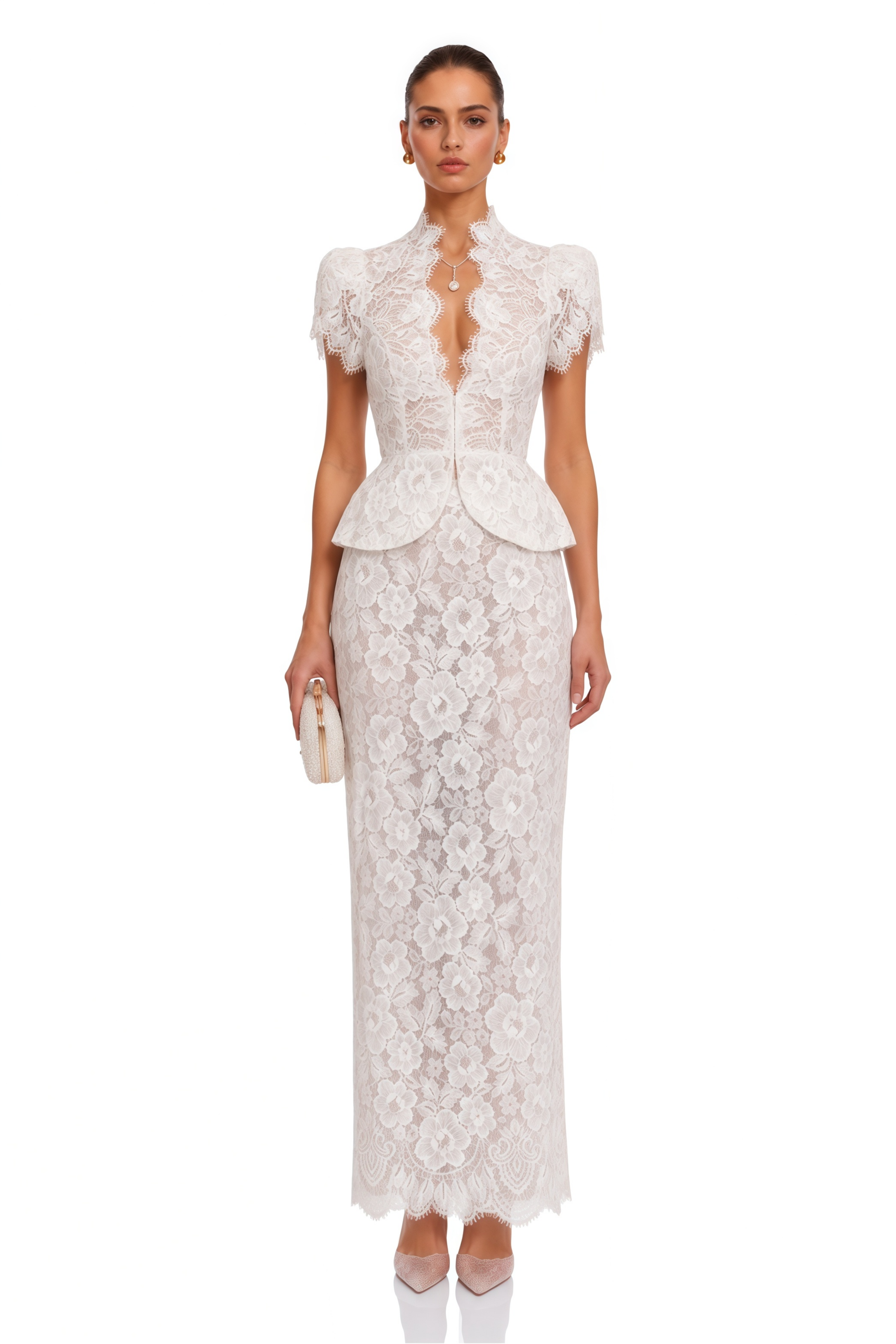 Delilah White Lace High Neck Peplum Blouse & Skirt Set