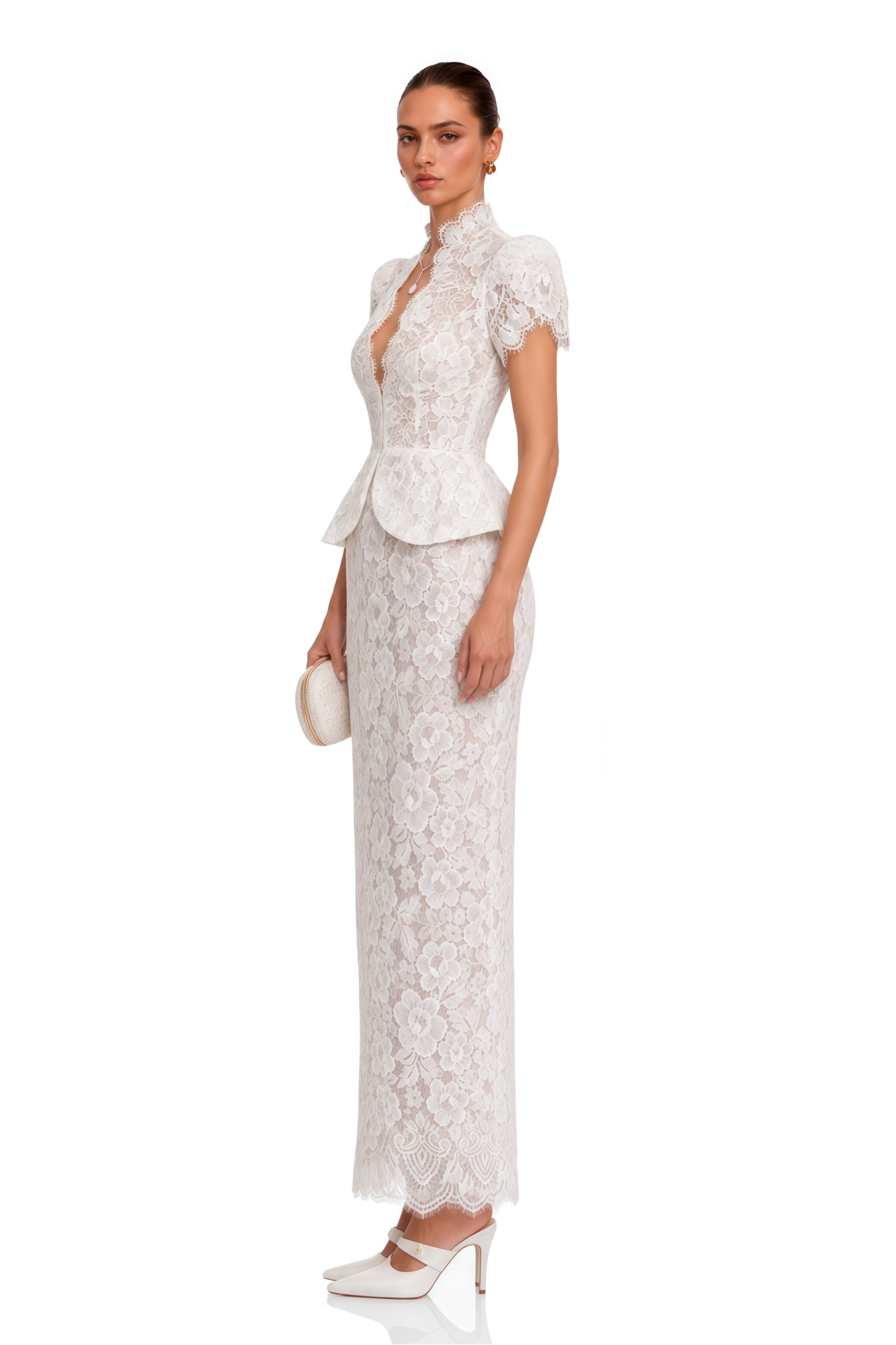 Delilah White Lace High Neck Peplum Blouse & Skirt Set