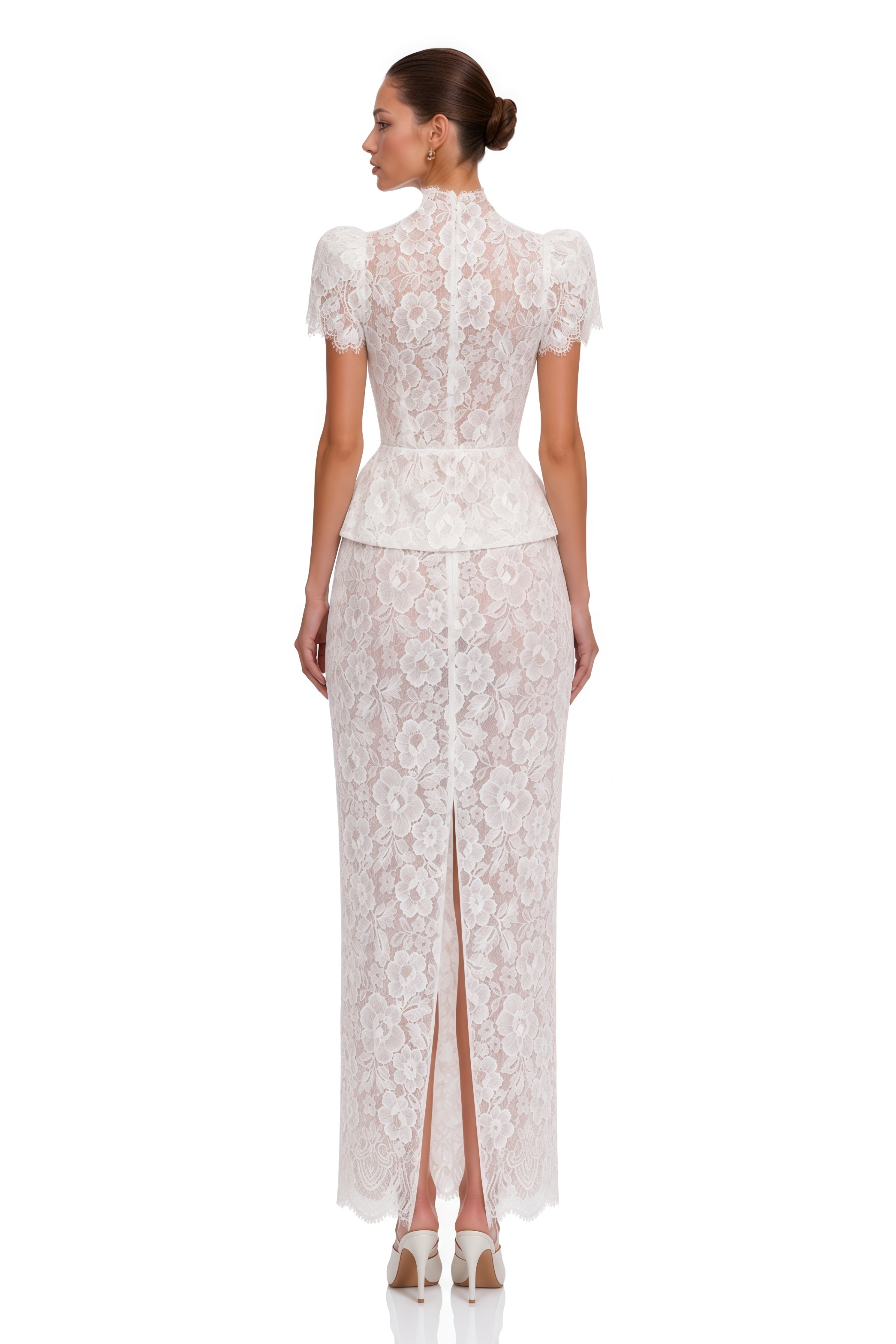 Delilah White Lace High Neck Peplum Blouse & Skirt Set