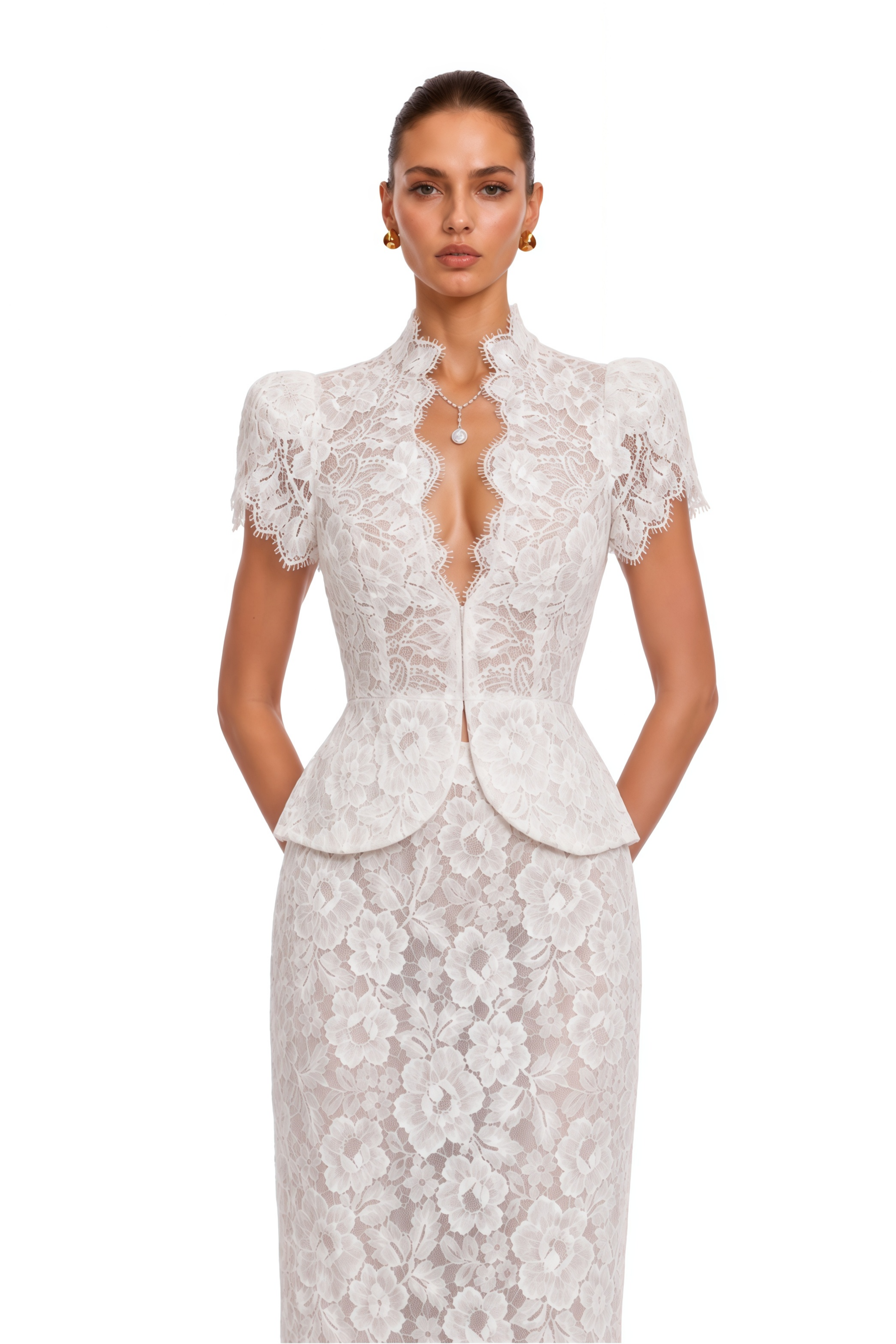Delilah White Lace High Neck Peplum Blouse & Skirt Set