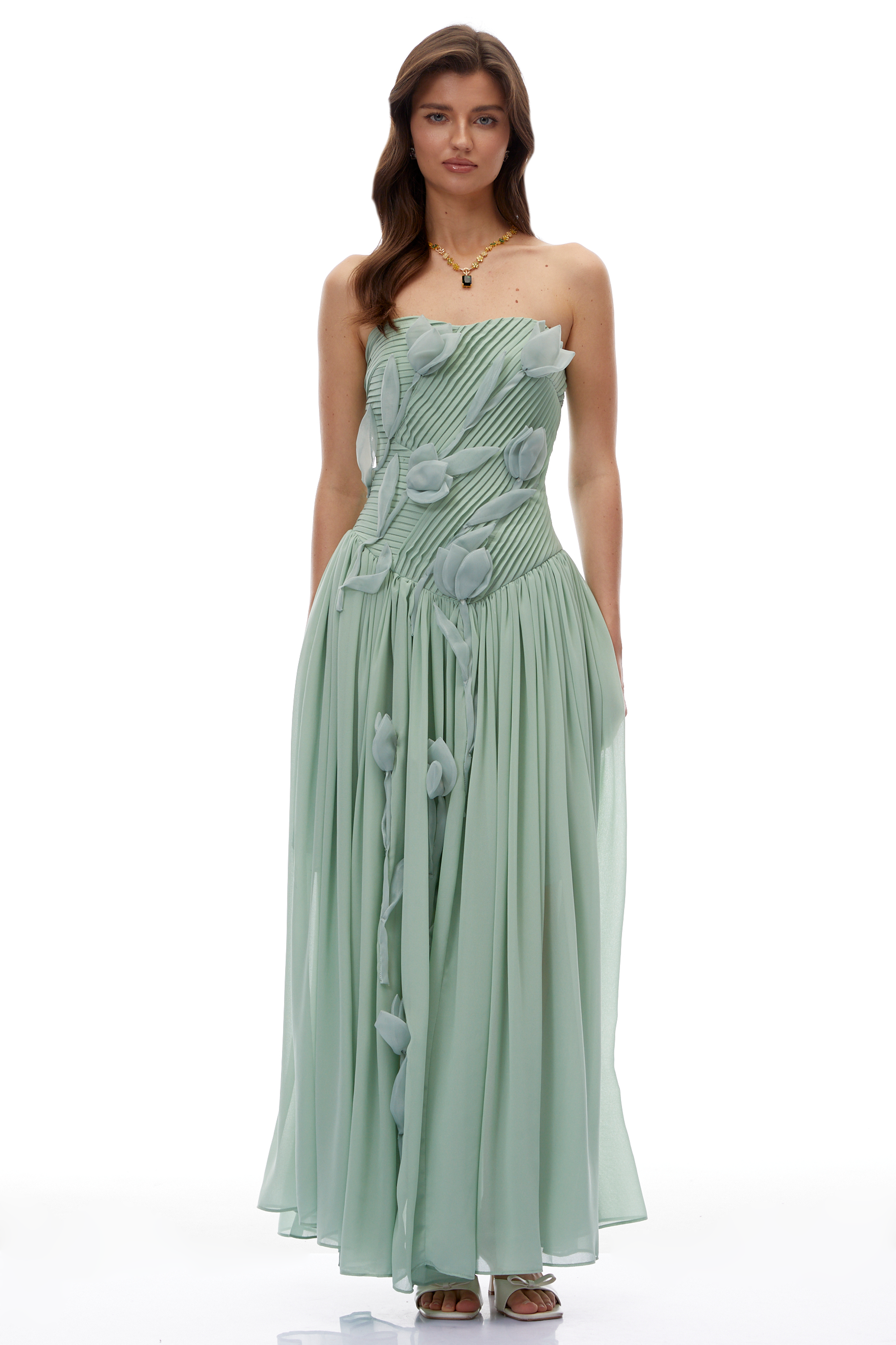 Delphine Green Ruched Maxi Dress with 3D Florals