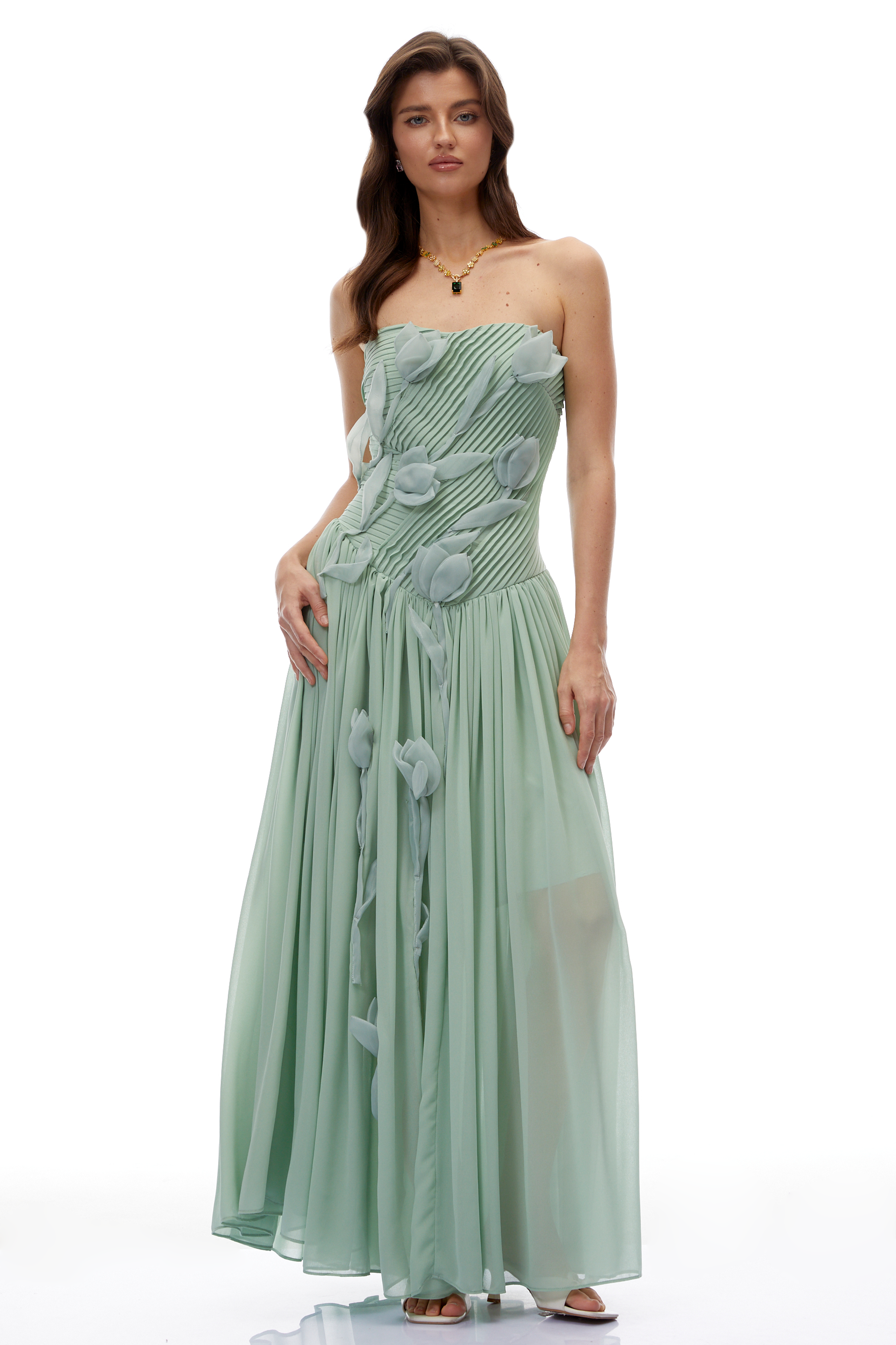 Delphine Green Ruched Maxi Dress with 3D Florals