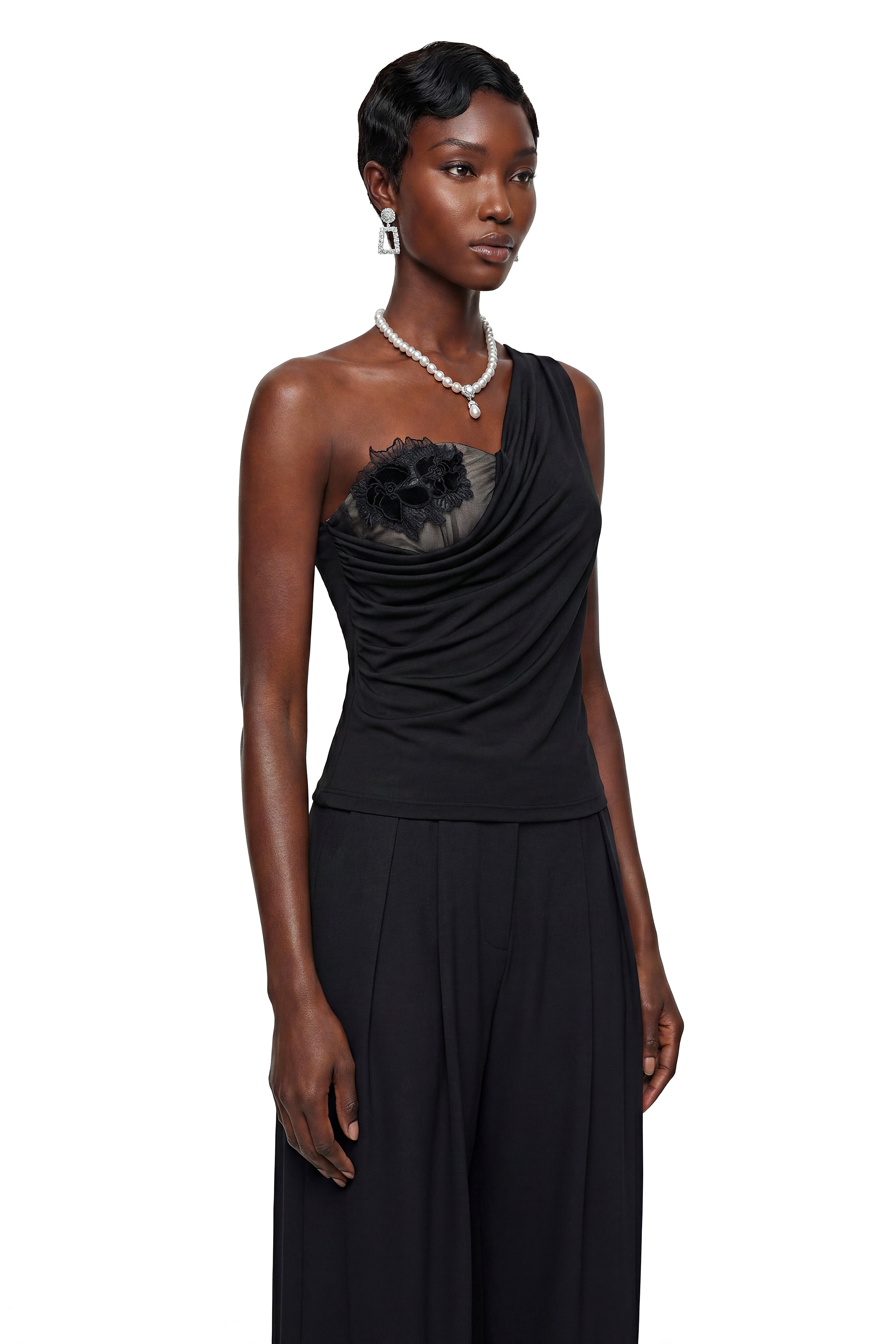 Diana Black Asymmetrical Floral Lace Top