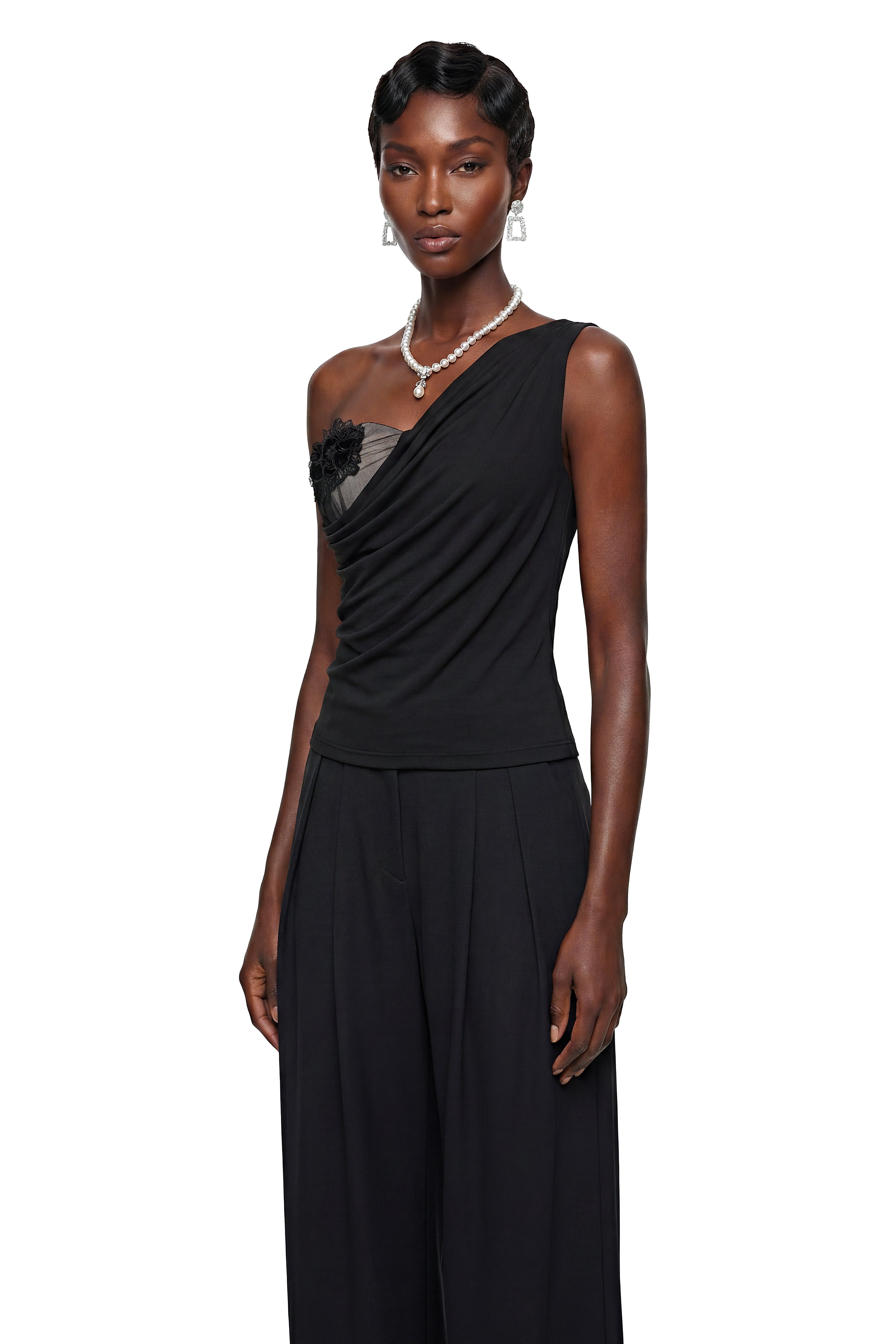 Diana Black Asymmetrical Floral Lace Top
