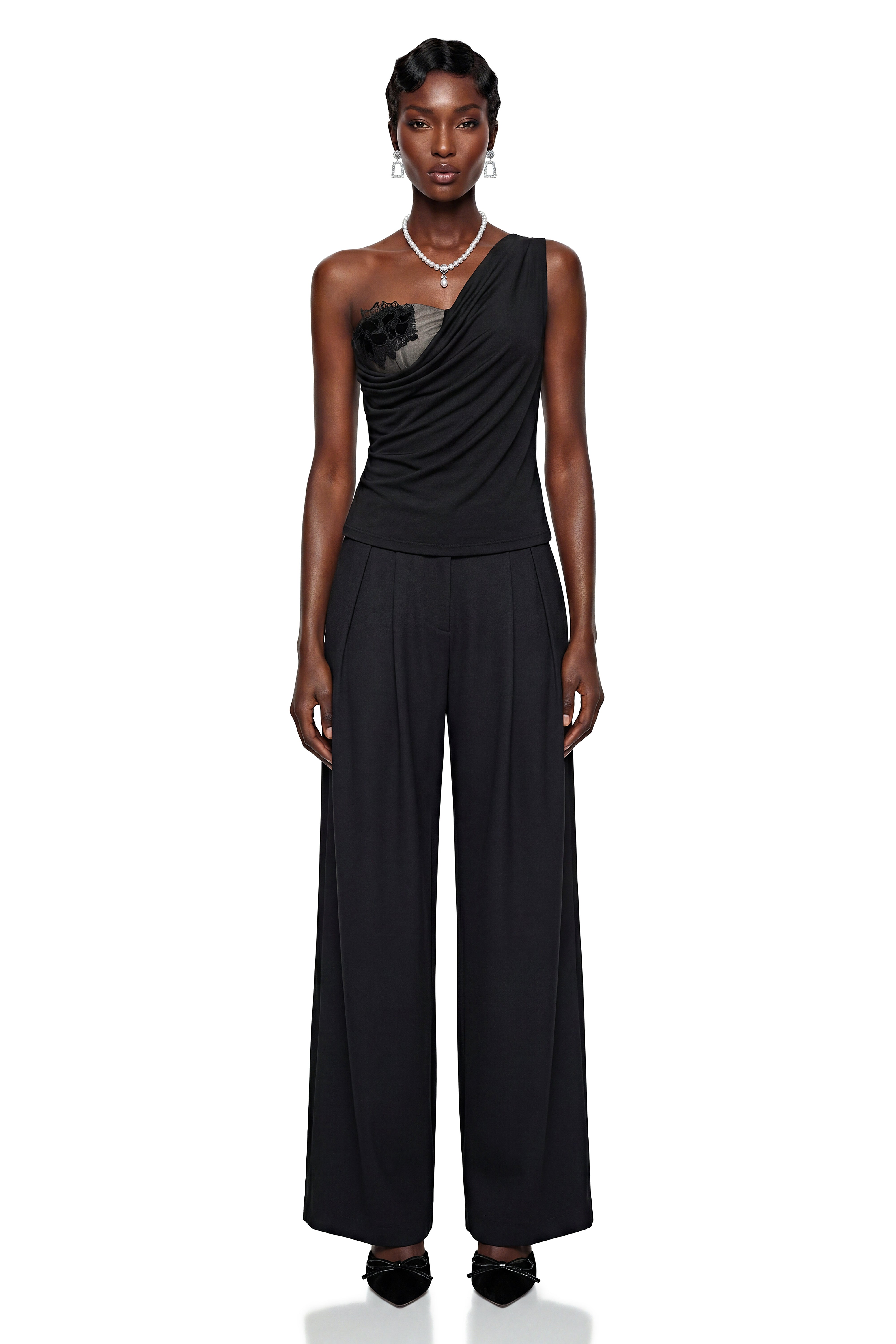 Diana Black Asymmetrical Floral Lace Top