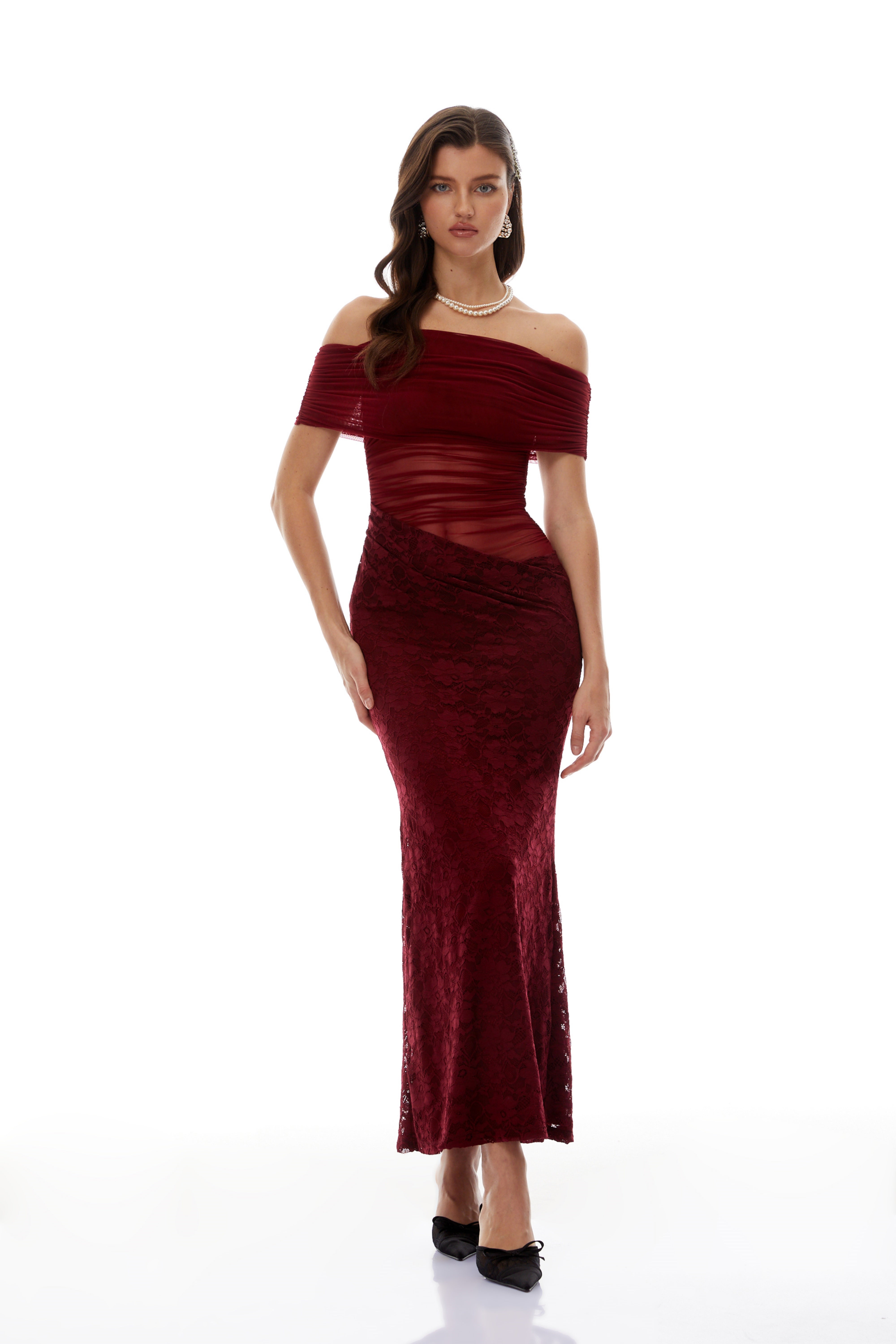 Dianthe Red Lace Panel Mesh Midi Dress (Final Sale)
