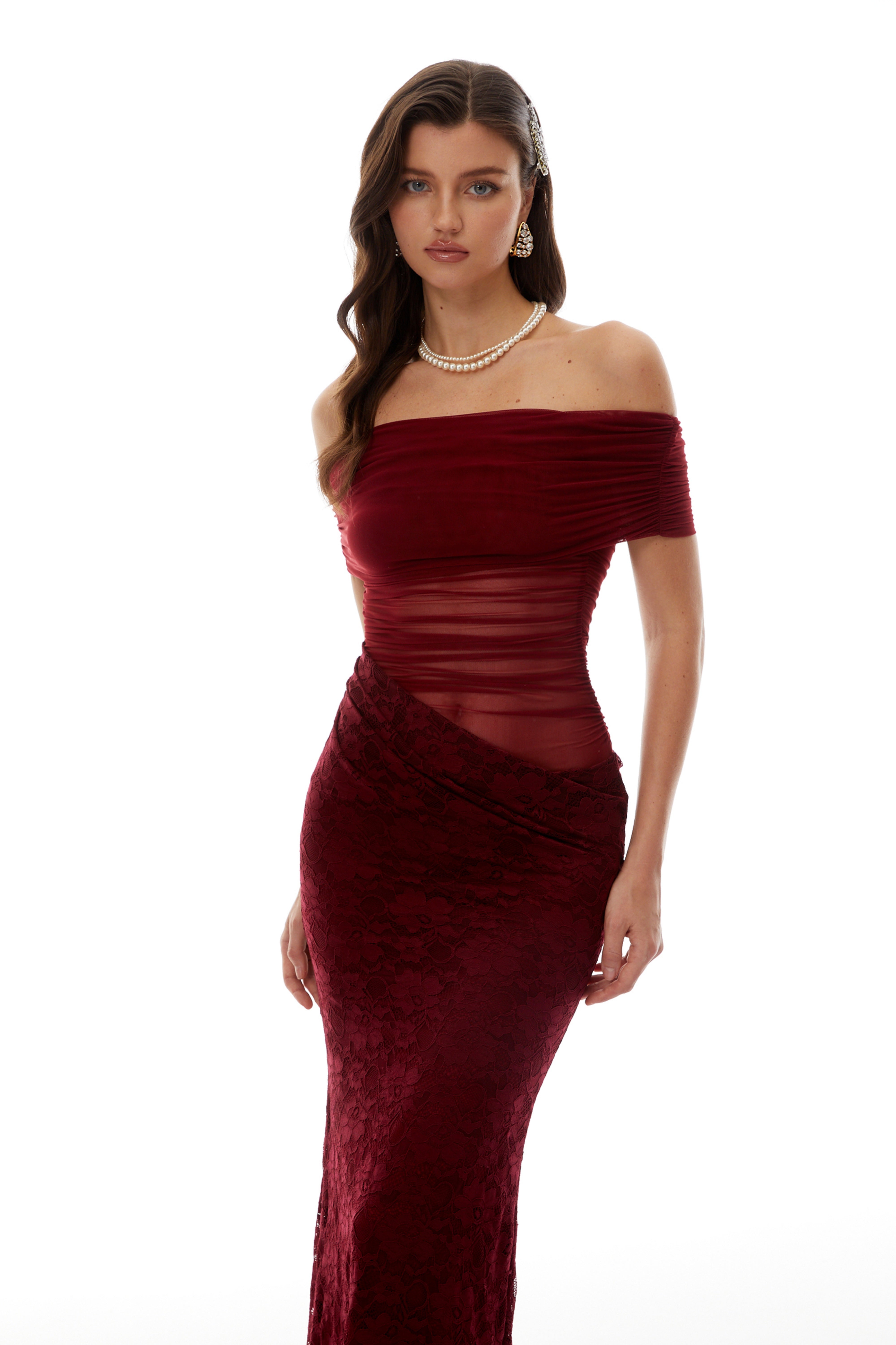Robe mi-longue en maille avec empiècement en dentelle rouge Dianthe