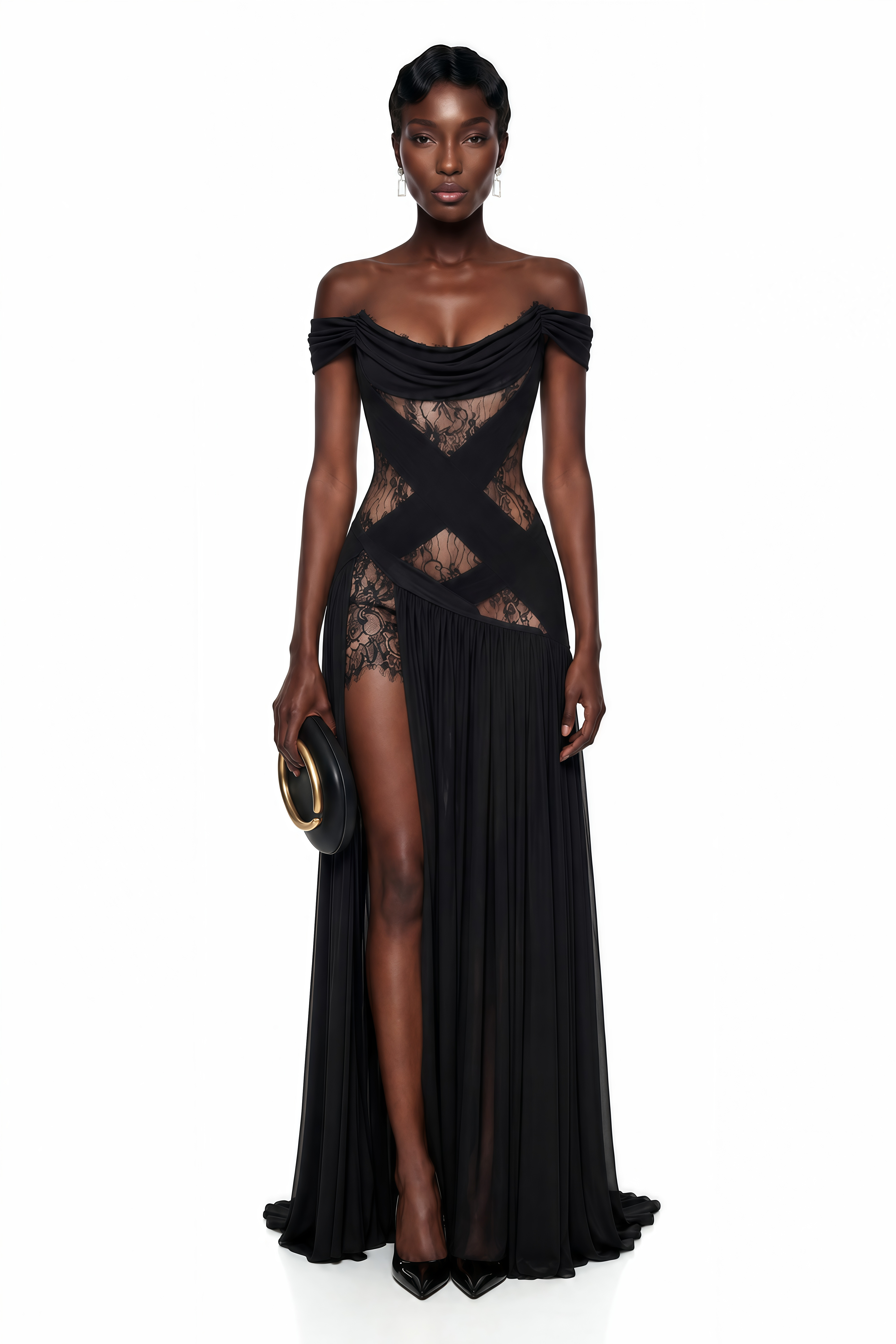 Black off-the-shoulder maxi dress with a draped neckline, crisscross sheer lace bodice, and high leg slit