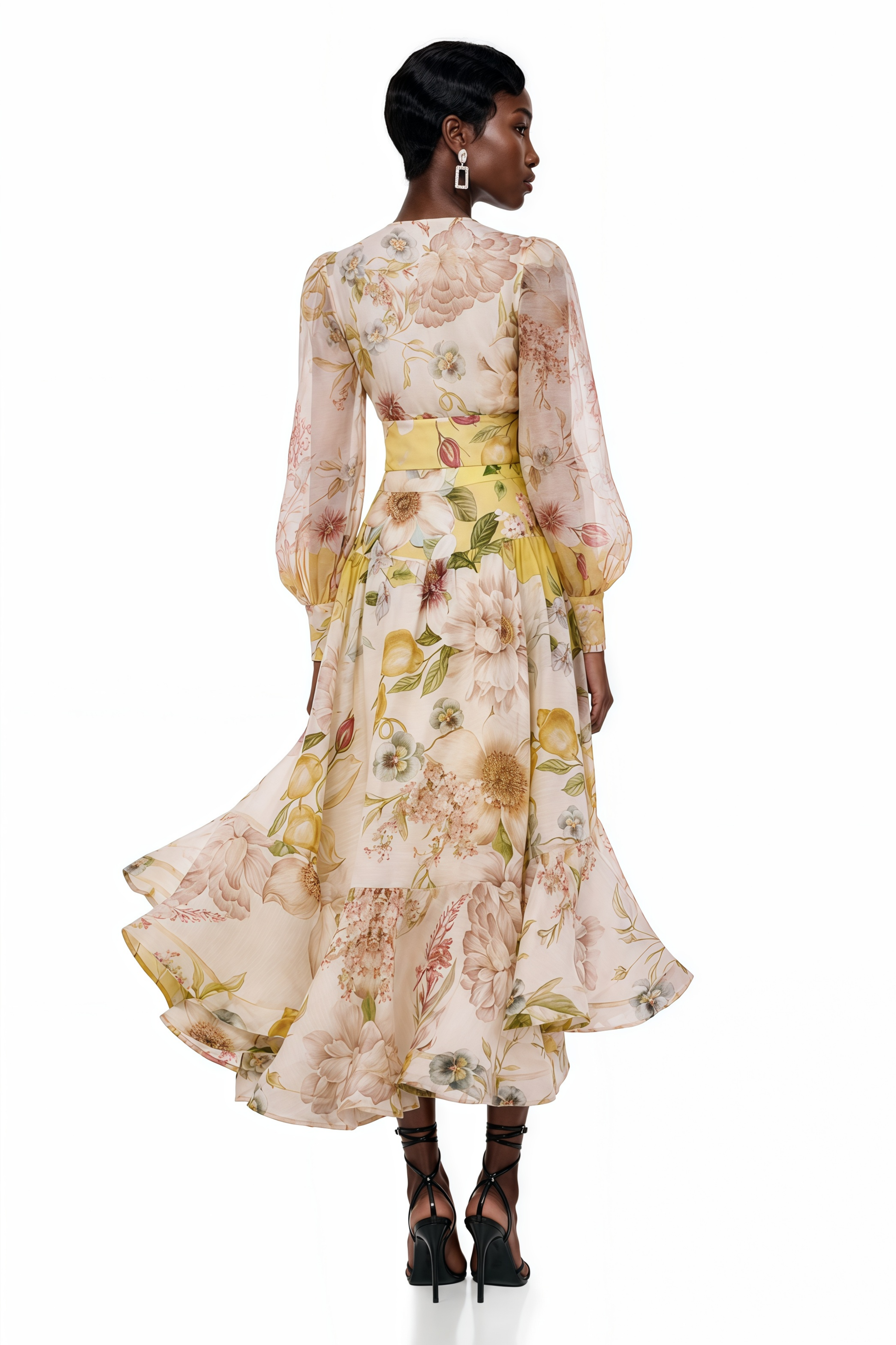 Floral print high-low midi dress with a high neck, long puff sleeves, and a tiered ruffled skirt