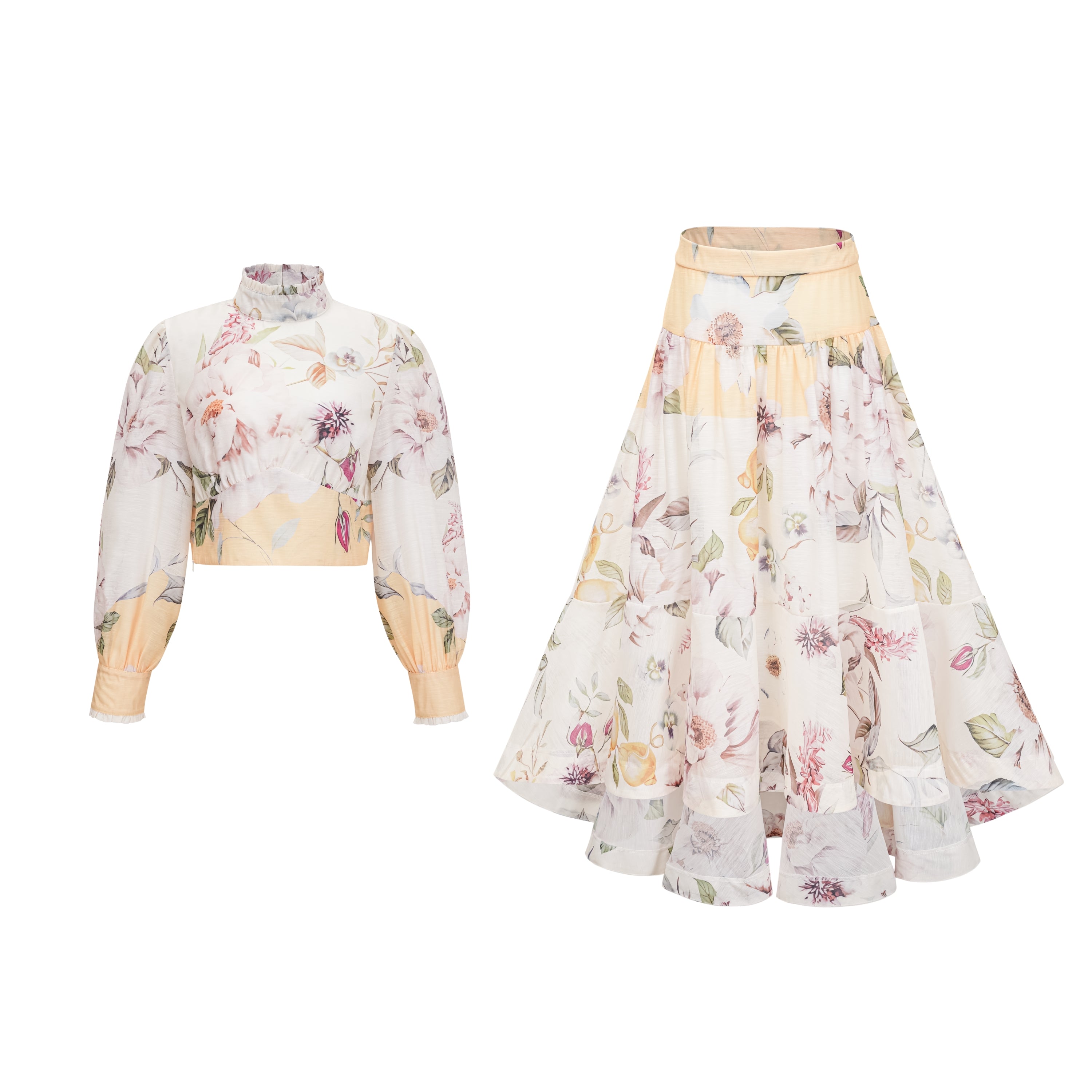 Dilek Yellow Floral Blouse & Asymmetrical Skirt Set