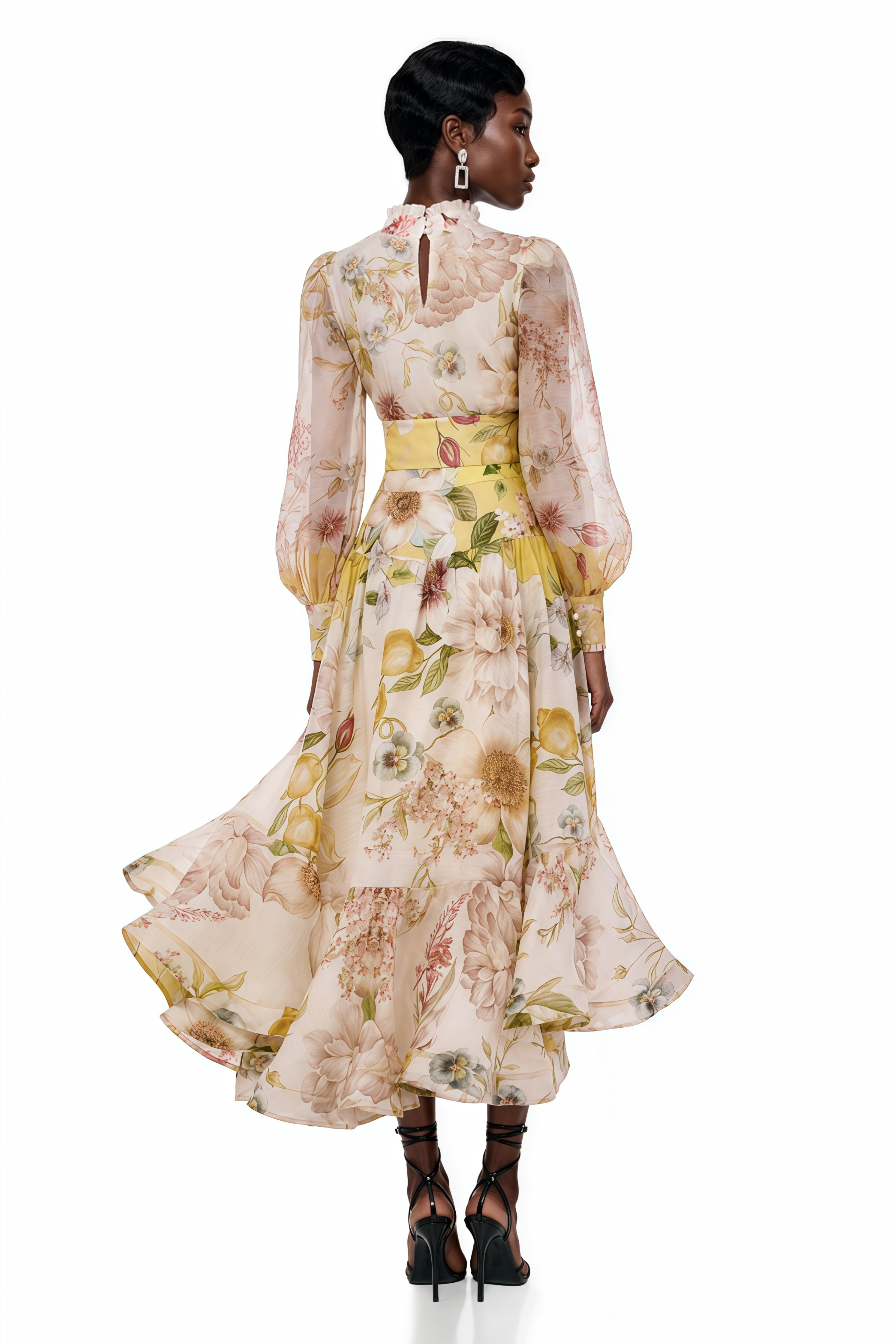 Yellow floral long-sleeve high-neck dress with high-low tiered skirt