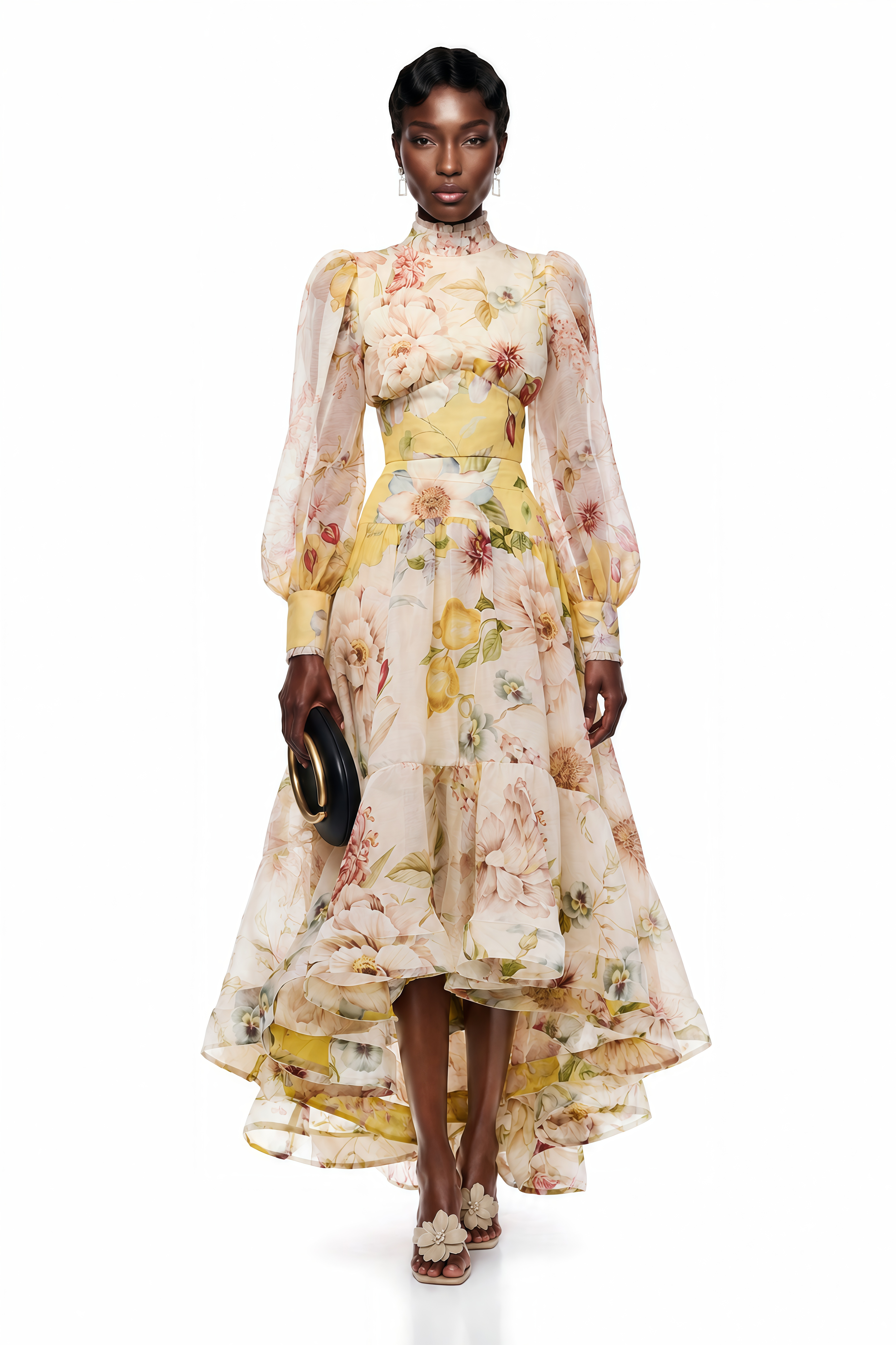 Yellow floral long-sleeve high-neck dress with high-low tiered skirt