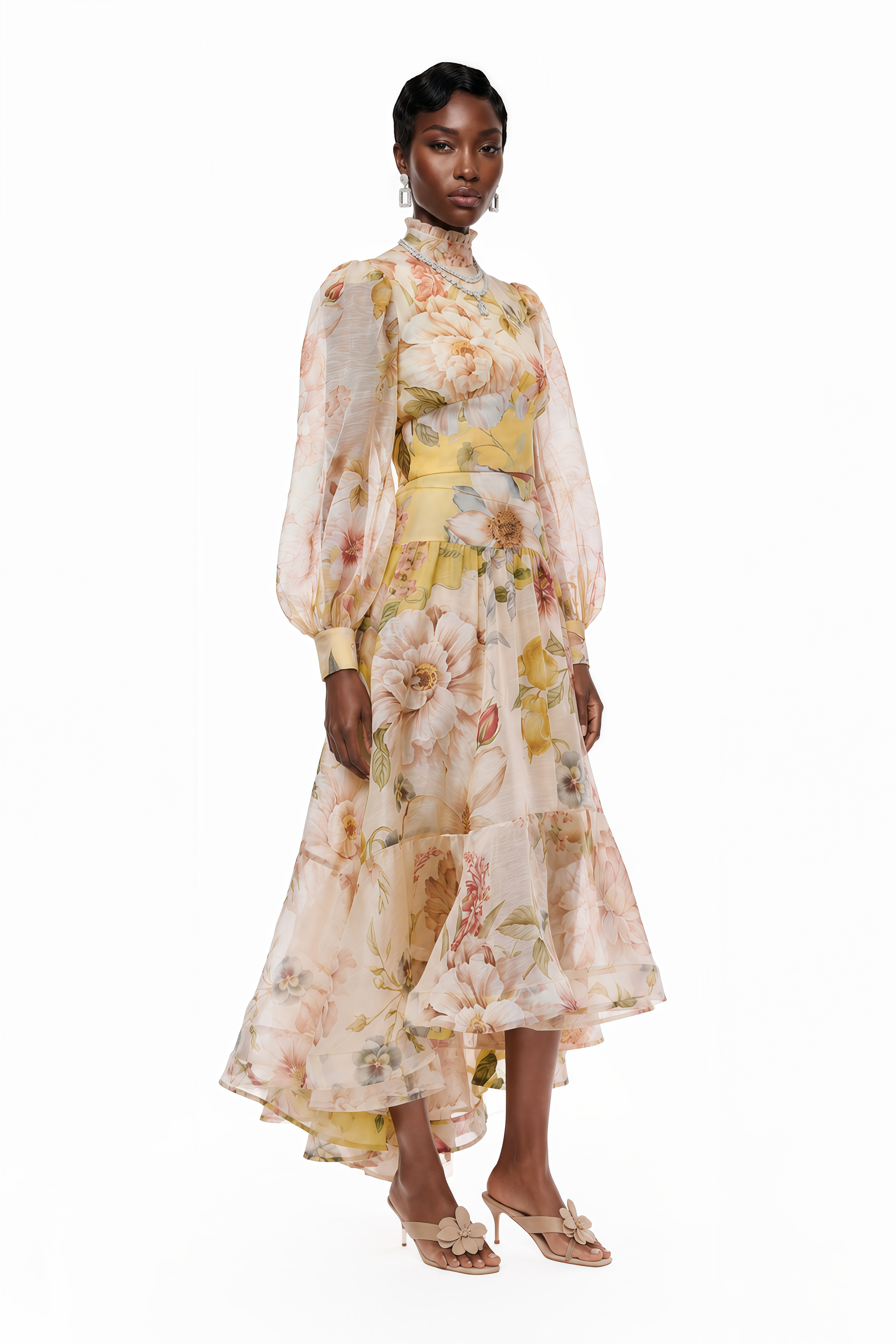 Yellow floral long-sleeve high-neck dress with high-low tiered skirt