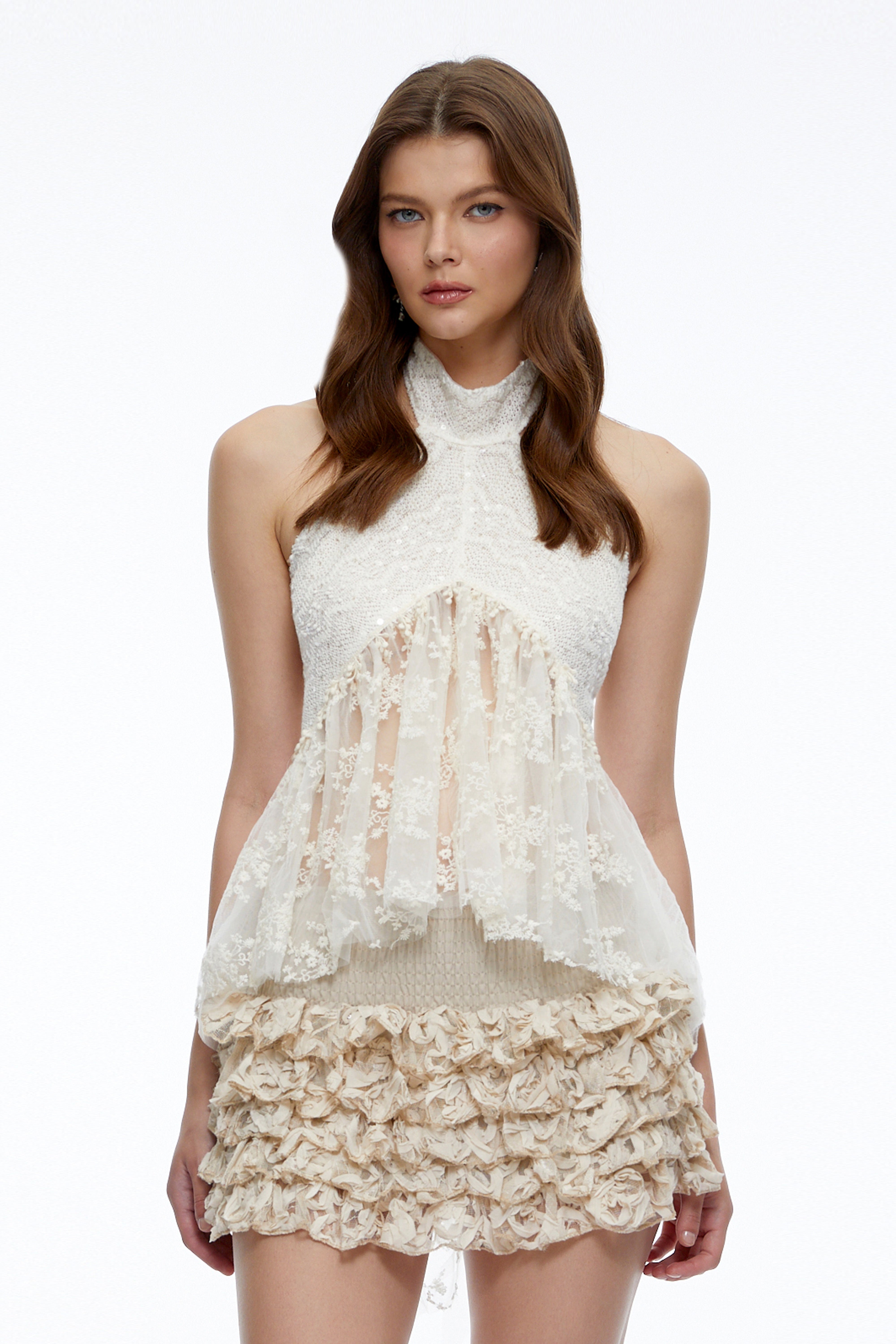Dorothea Neutral Lace Ruffled Top & Skirt Set