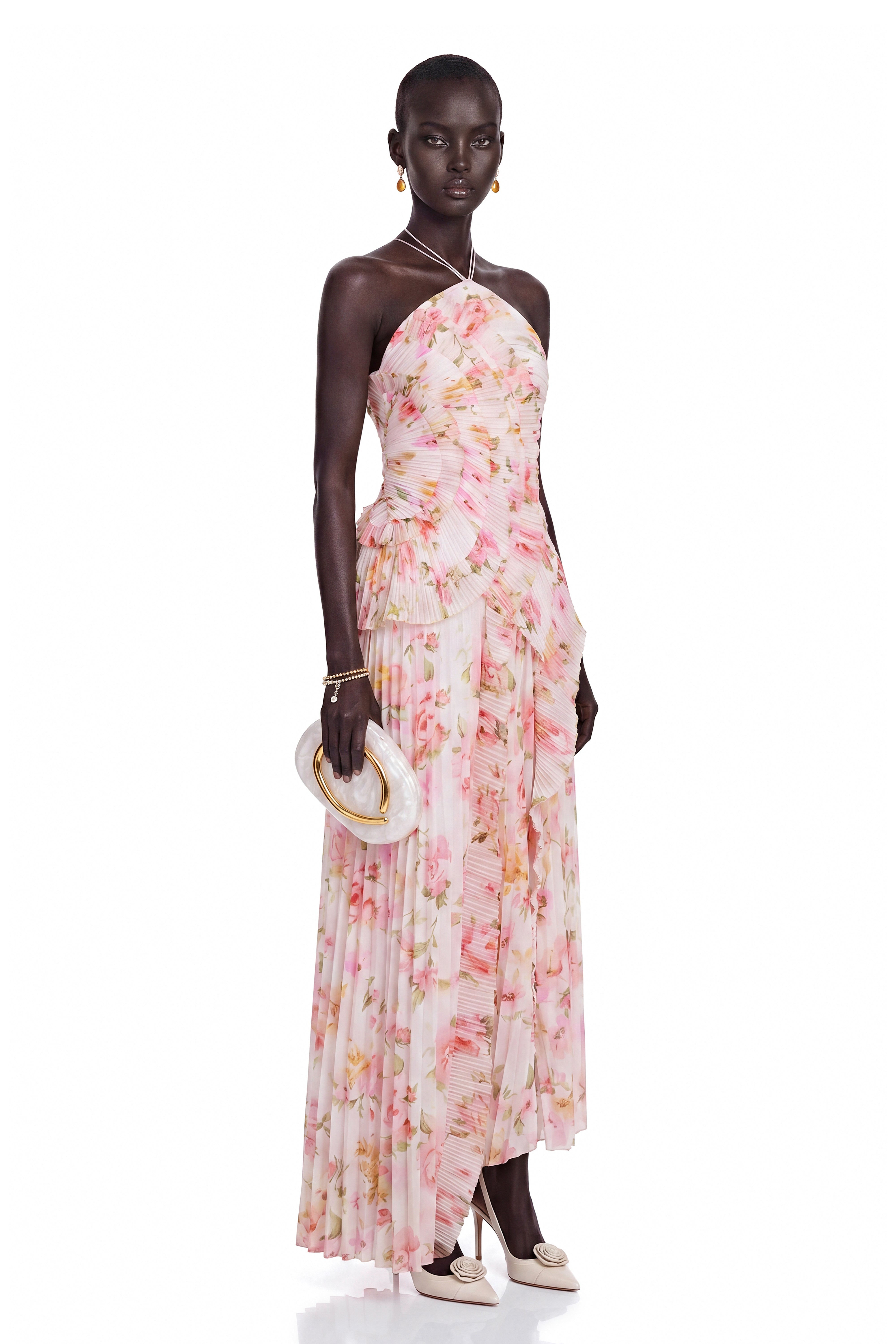 Doux Pink Floral Ruffled Trim Pleated Midi Dress