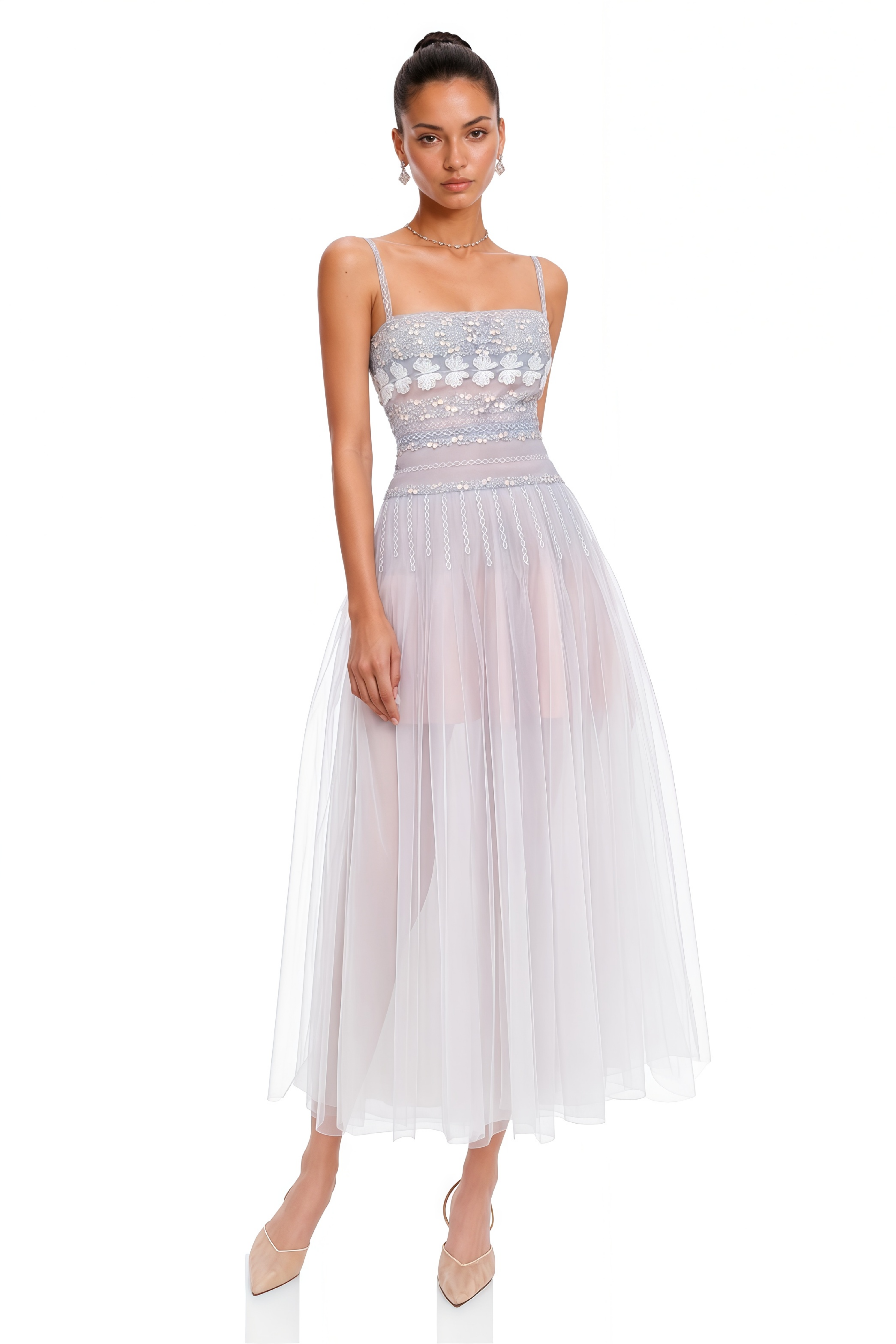 Drahomira Blue Pleated Midi Dress with 3D Florals