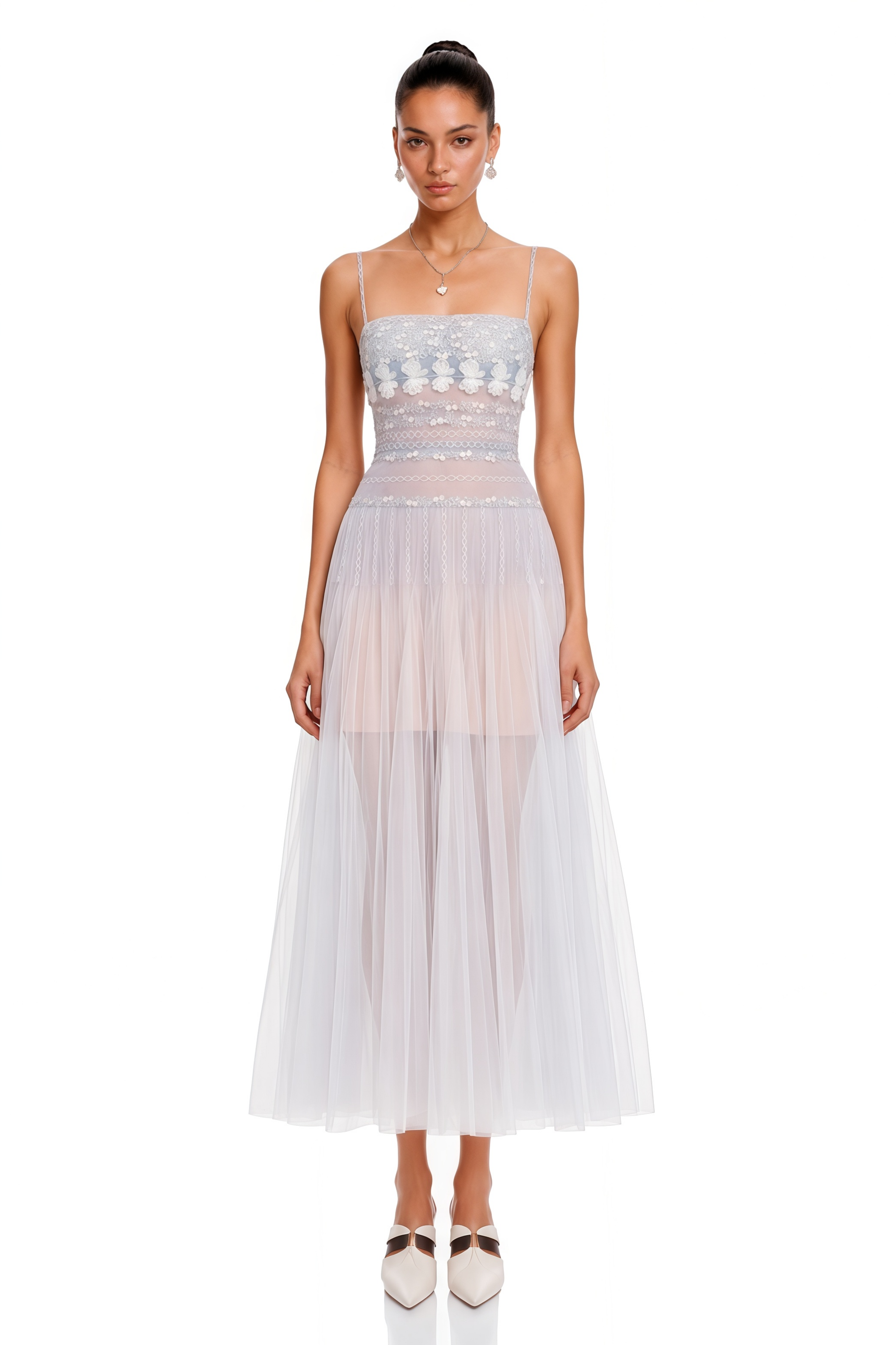 Drahomira Blue Pleated Midi Dress with 3D Florals