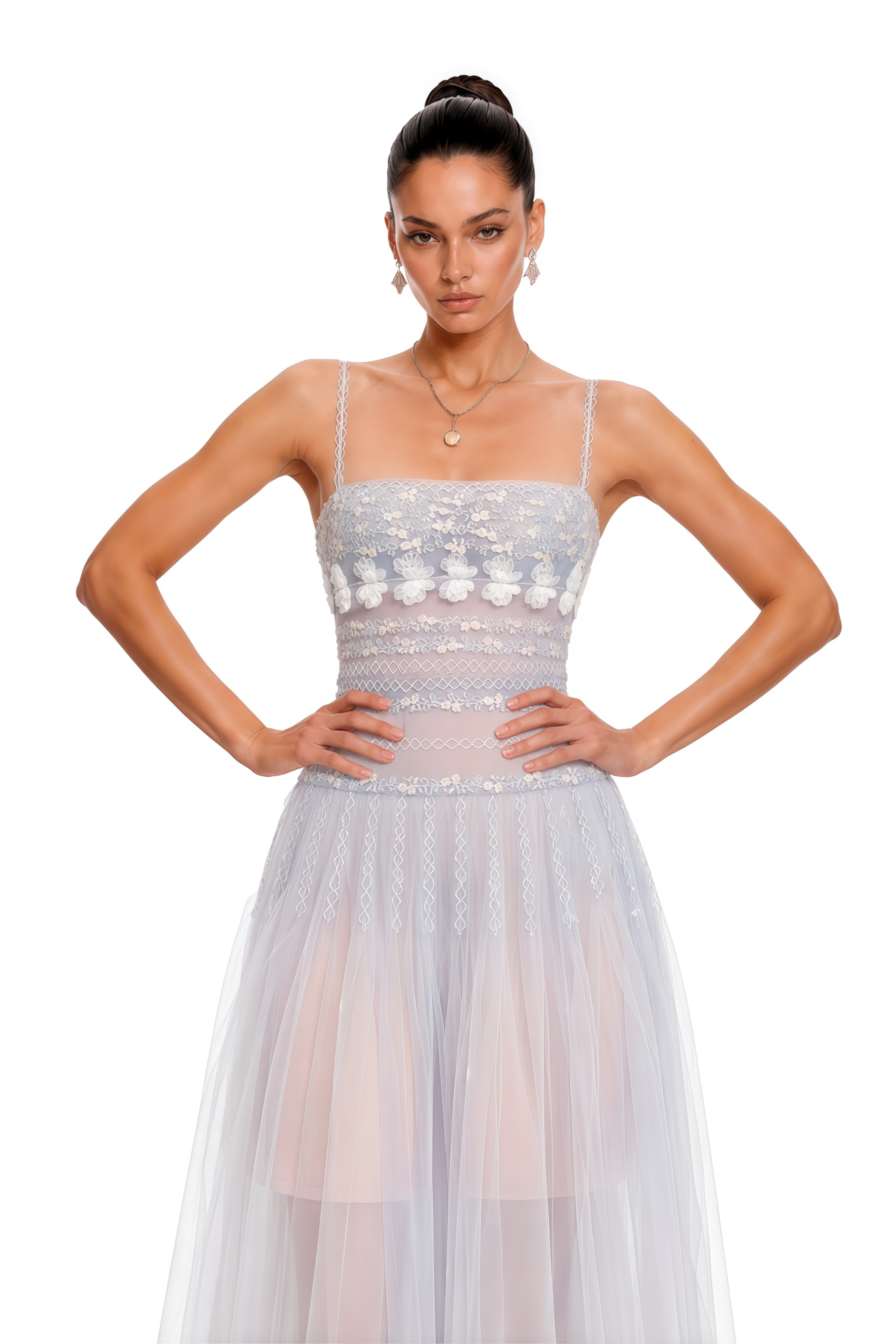 Drahomira Blue Pleated Midi Dress with 3D Florals