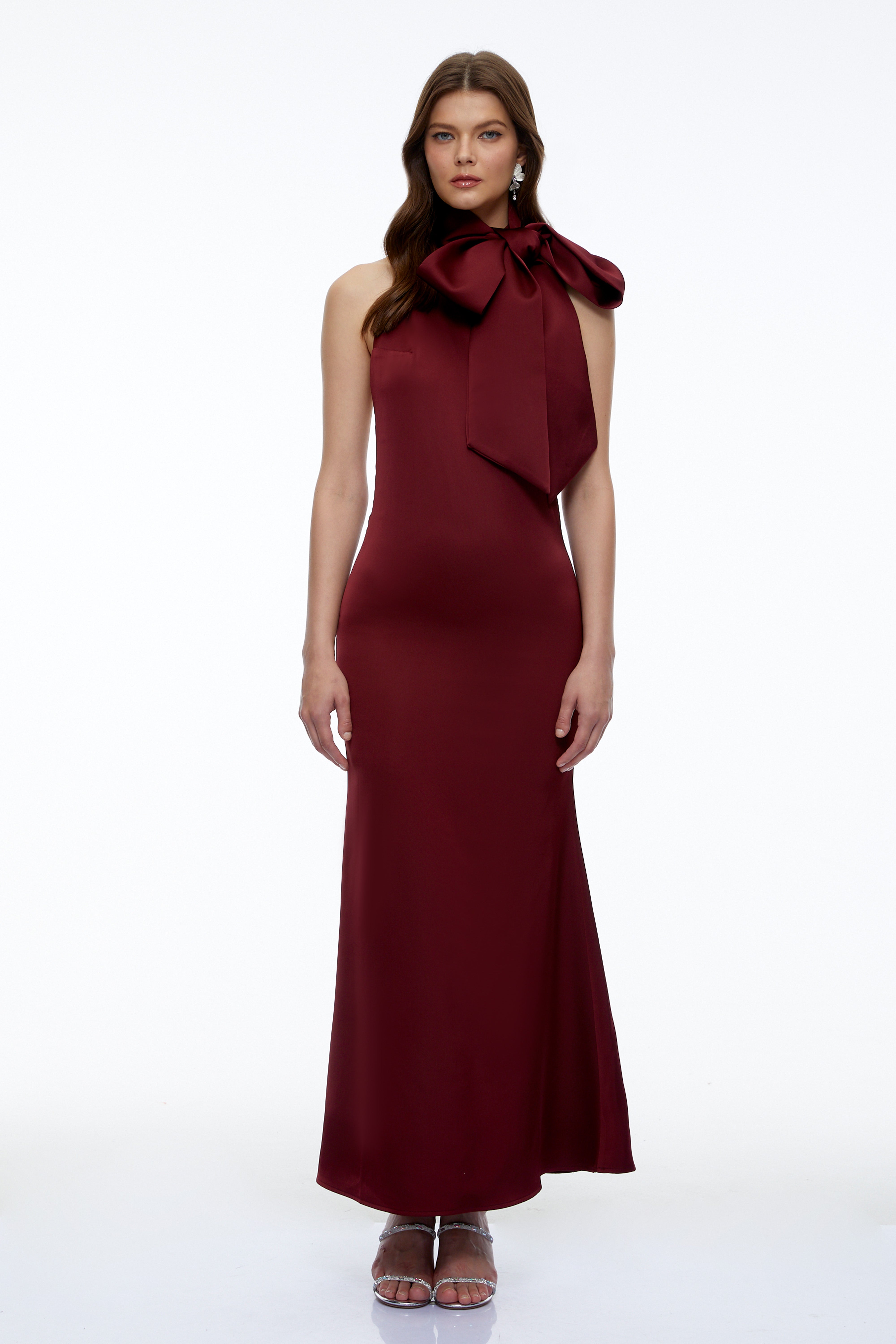 Drusilla Burgundy Halterneck Maxi Dress with Bow