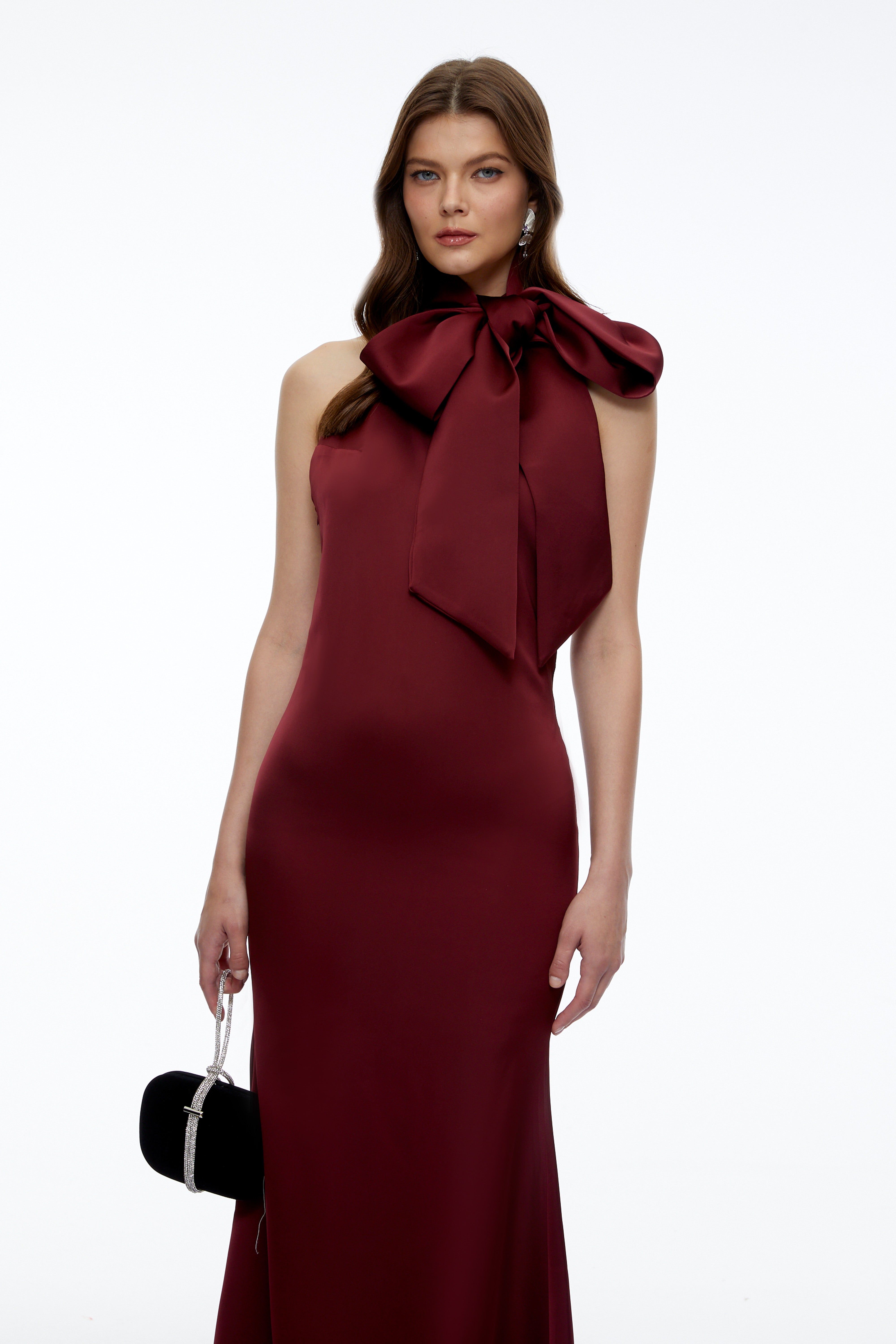 Drusilla Burgundy Halterneck Maxi Dress with Bow