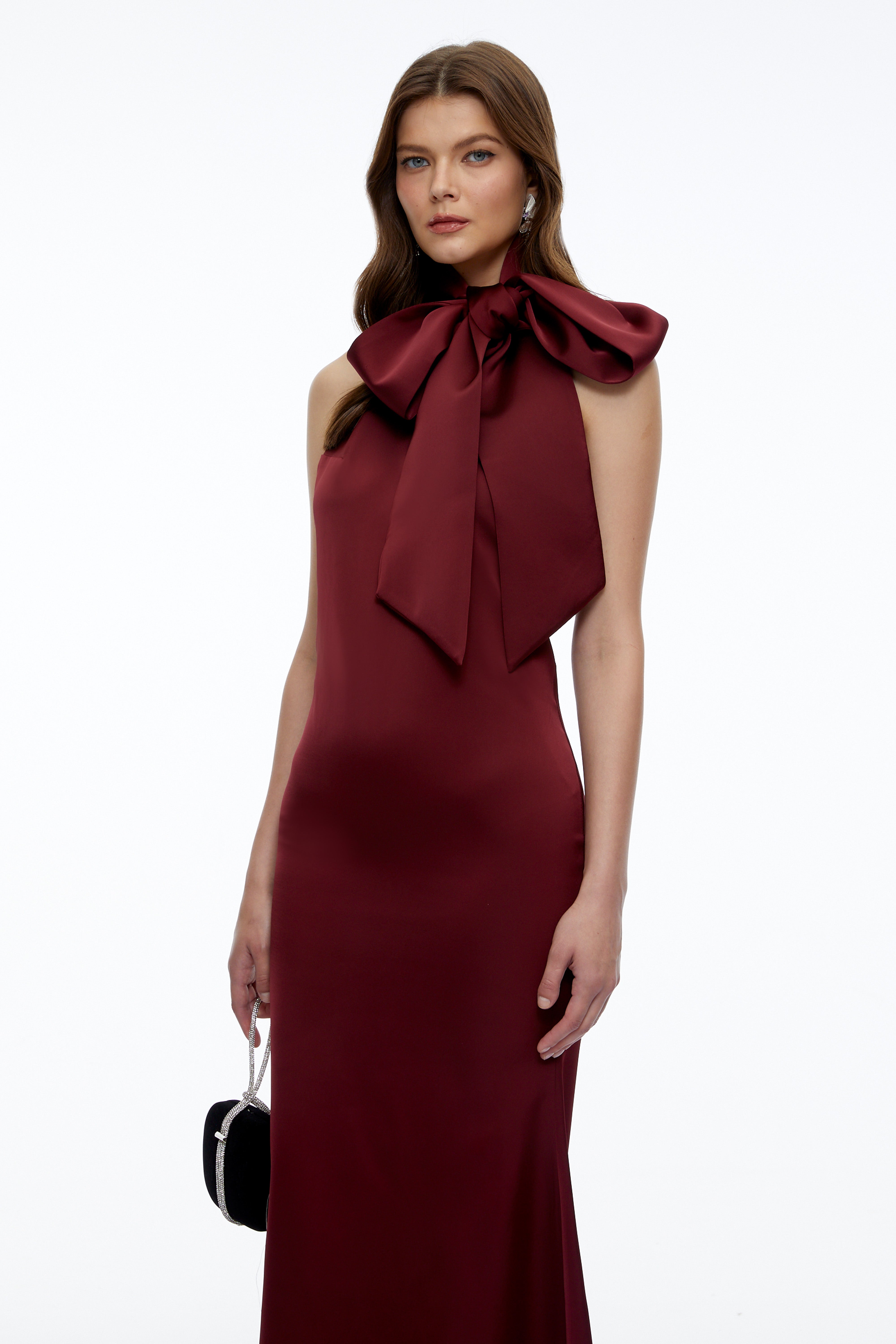 Drusilla Burgundy Halterneck Maxi Dress with Bow