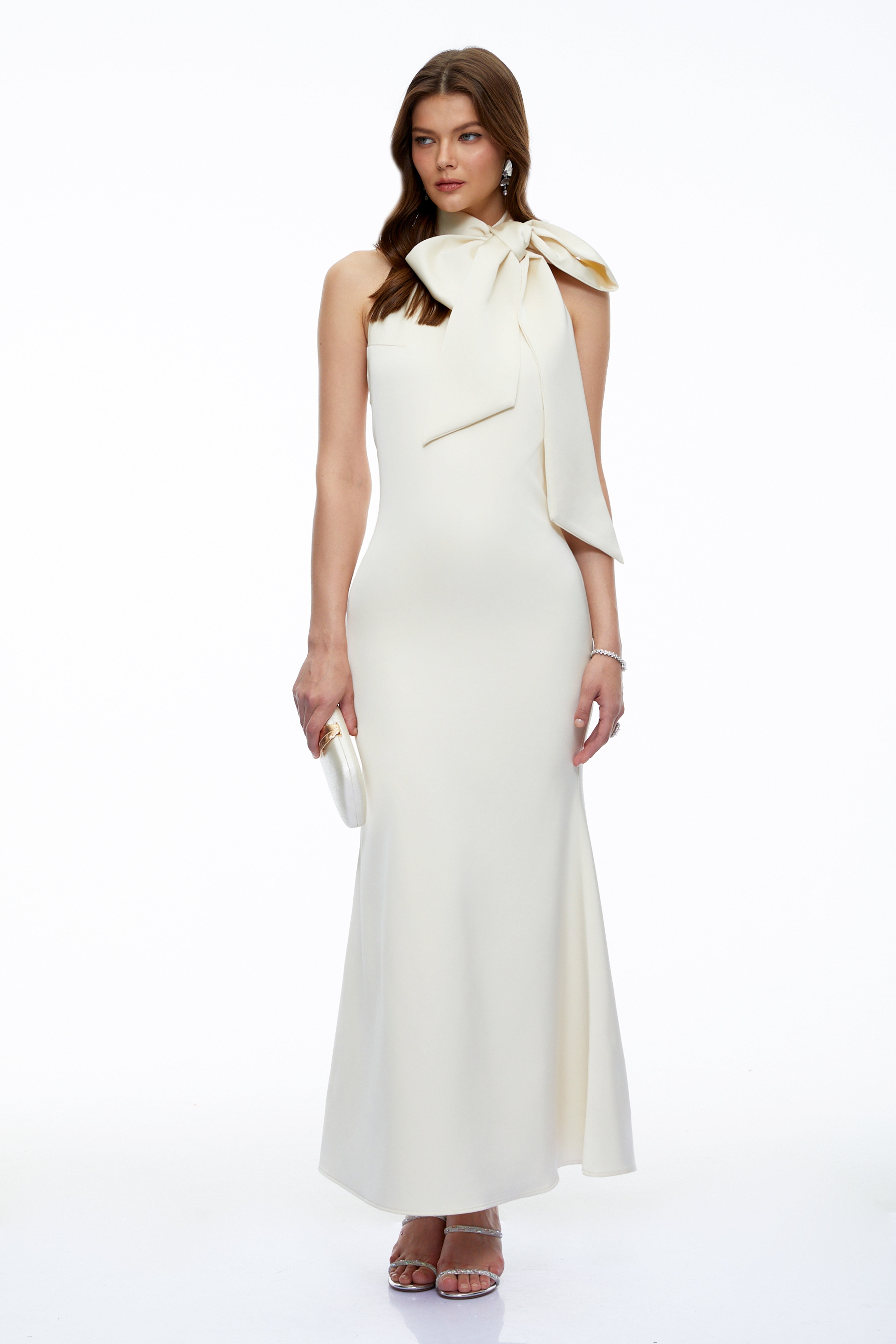 Drusilla Neutral Halterneck Maxi Dress with Bow