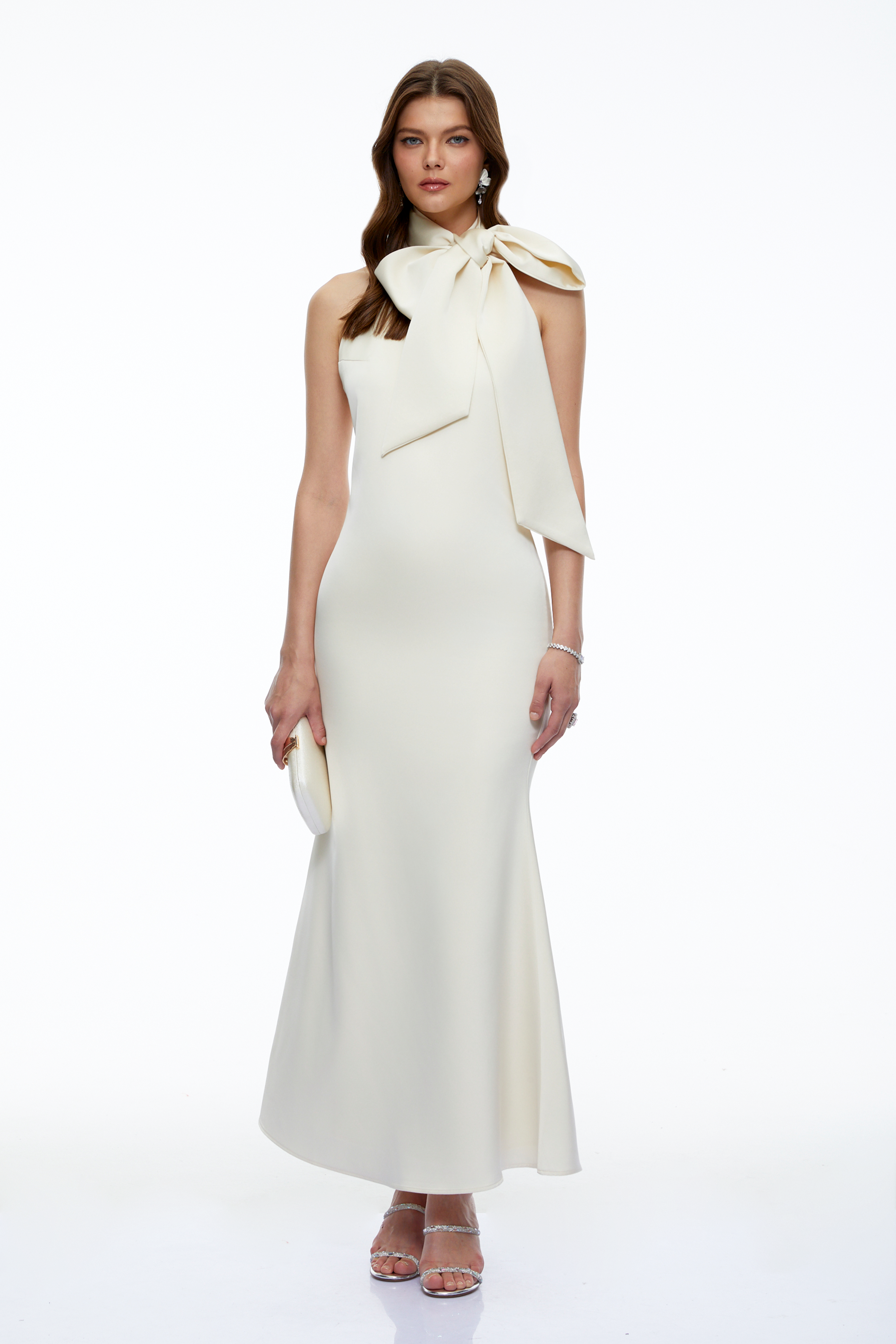 Drusilla Neutral Halterneck Maxi Dress with Bow