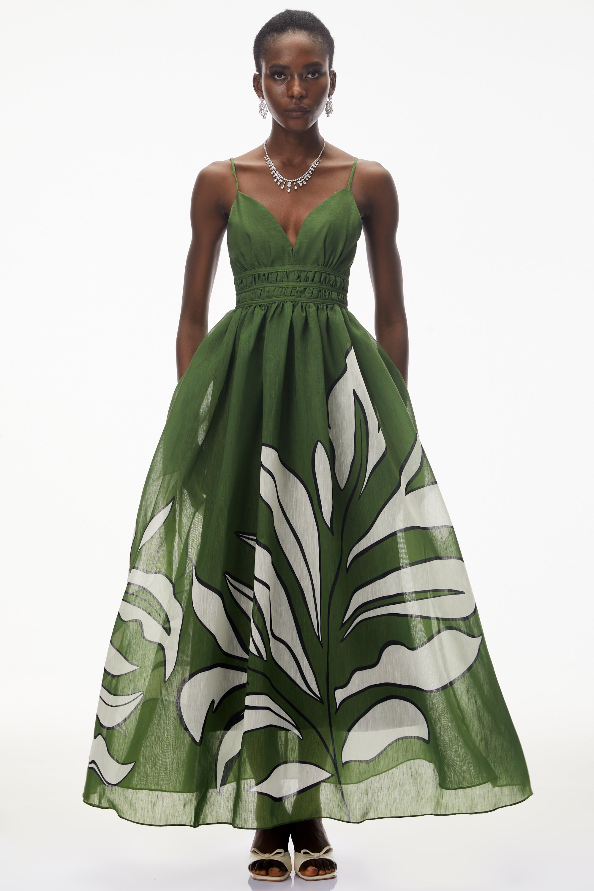 Dryope Emerald Green Plunge Neck Ruched Maxi Dress (Final Sale-US Only)