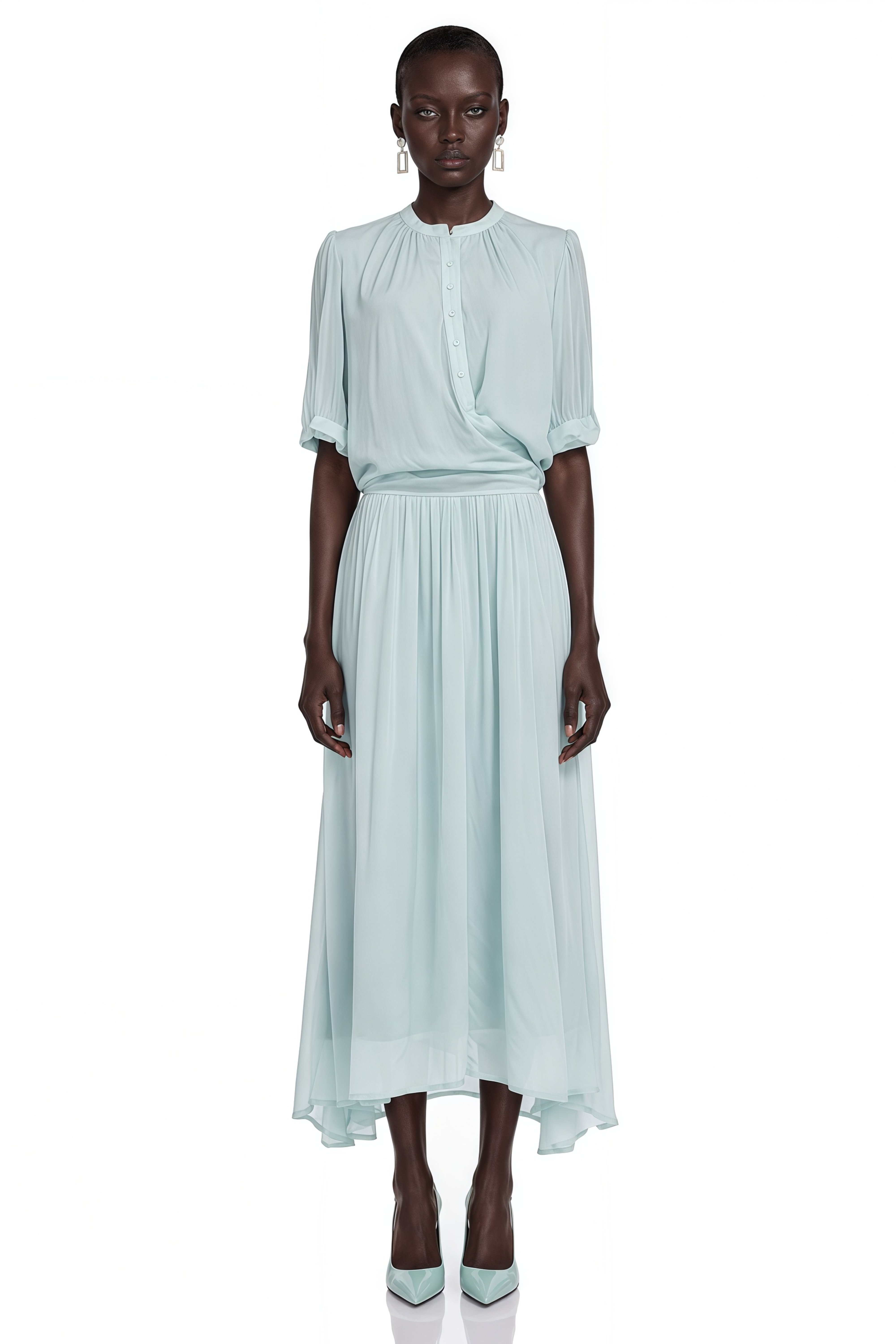 Duygu Light Mint Asymmetrical Pleated Maxi Dress