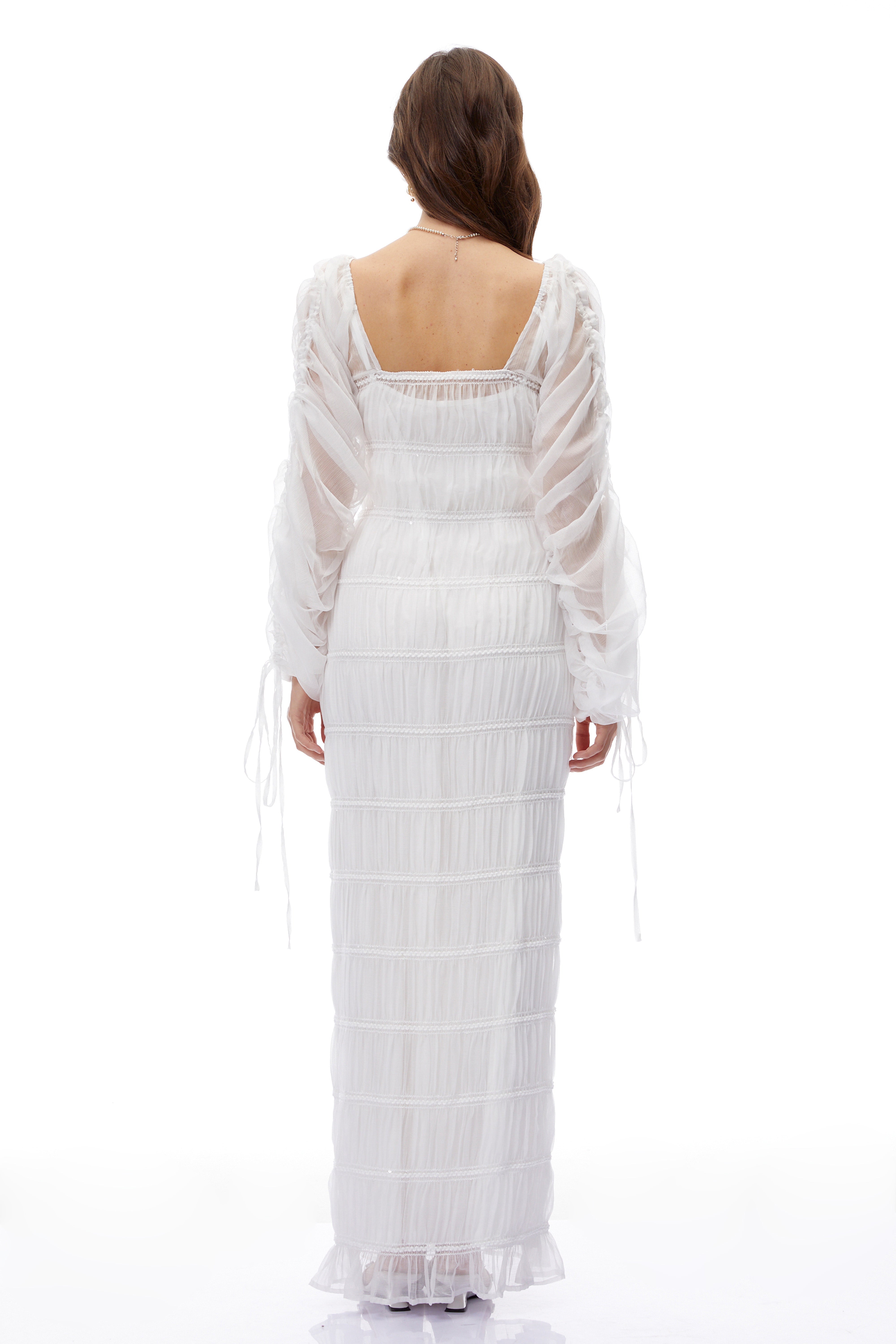 Eileen White Puff Sleeves Ruched Maxi Dress