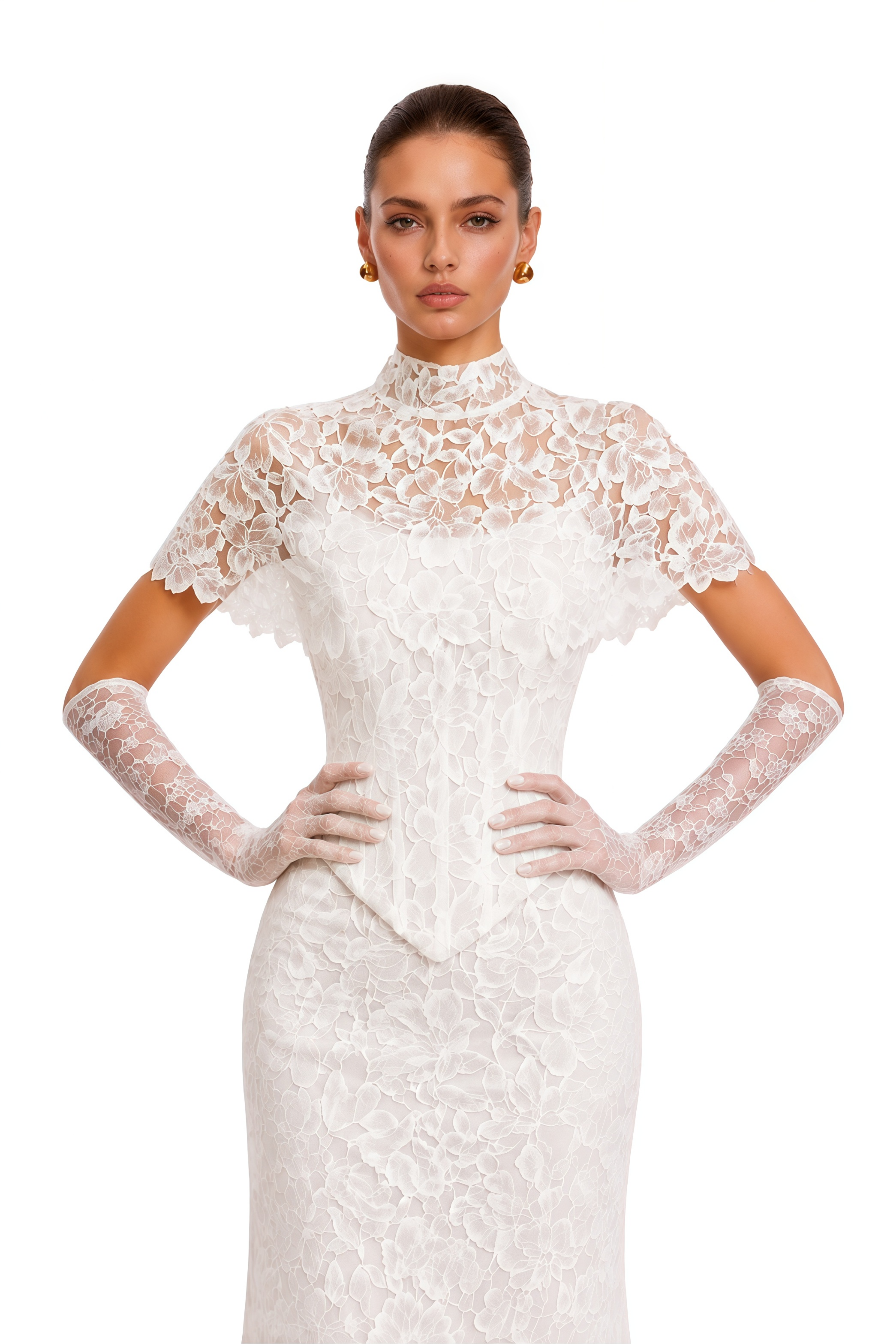 Eirian White High Neck Lace Maxi Dress with Cape Sleeves