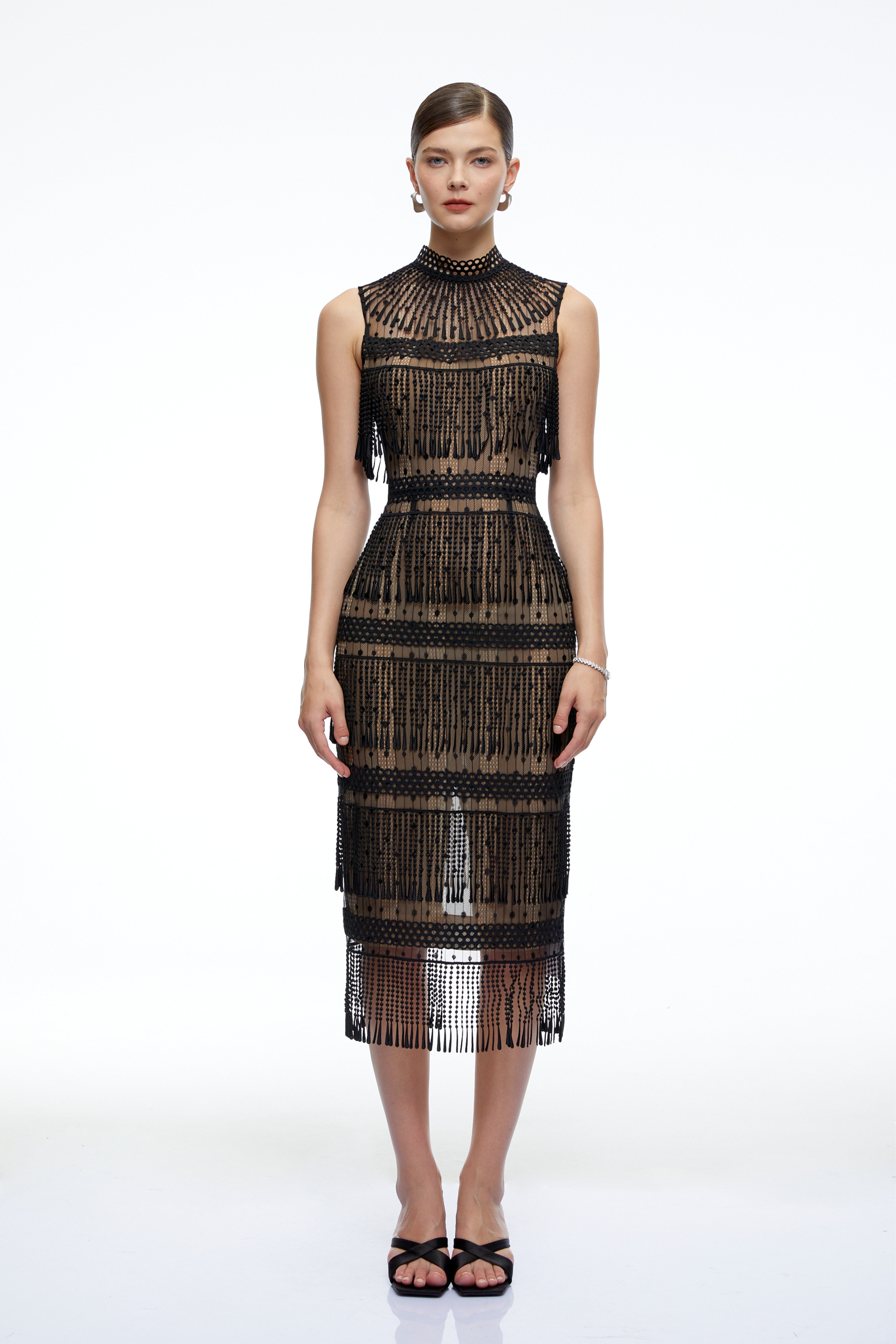 Eleanor Black Crochet High Neck Midi Dress With Fringe