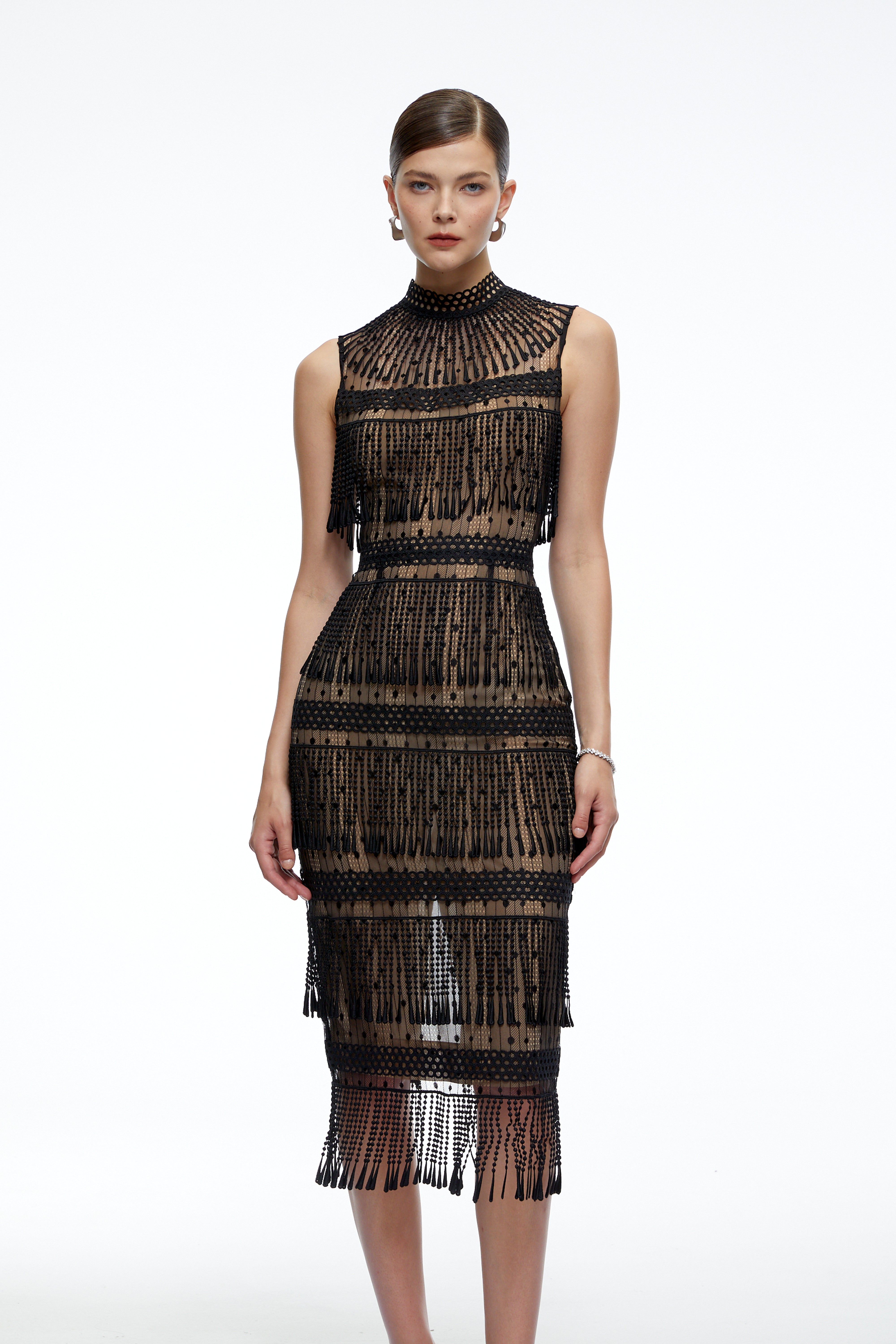 Eleanor Black Crochet High Neck Midi Dress With Fringe