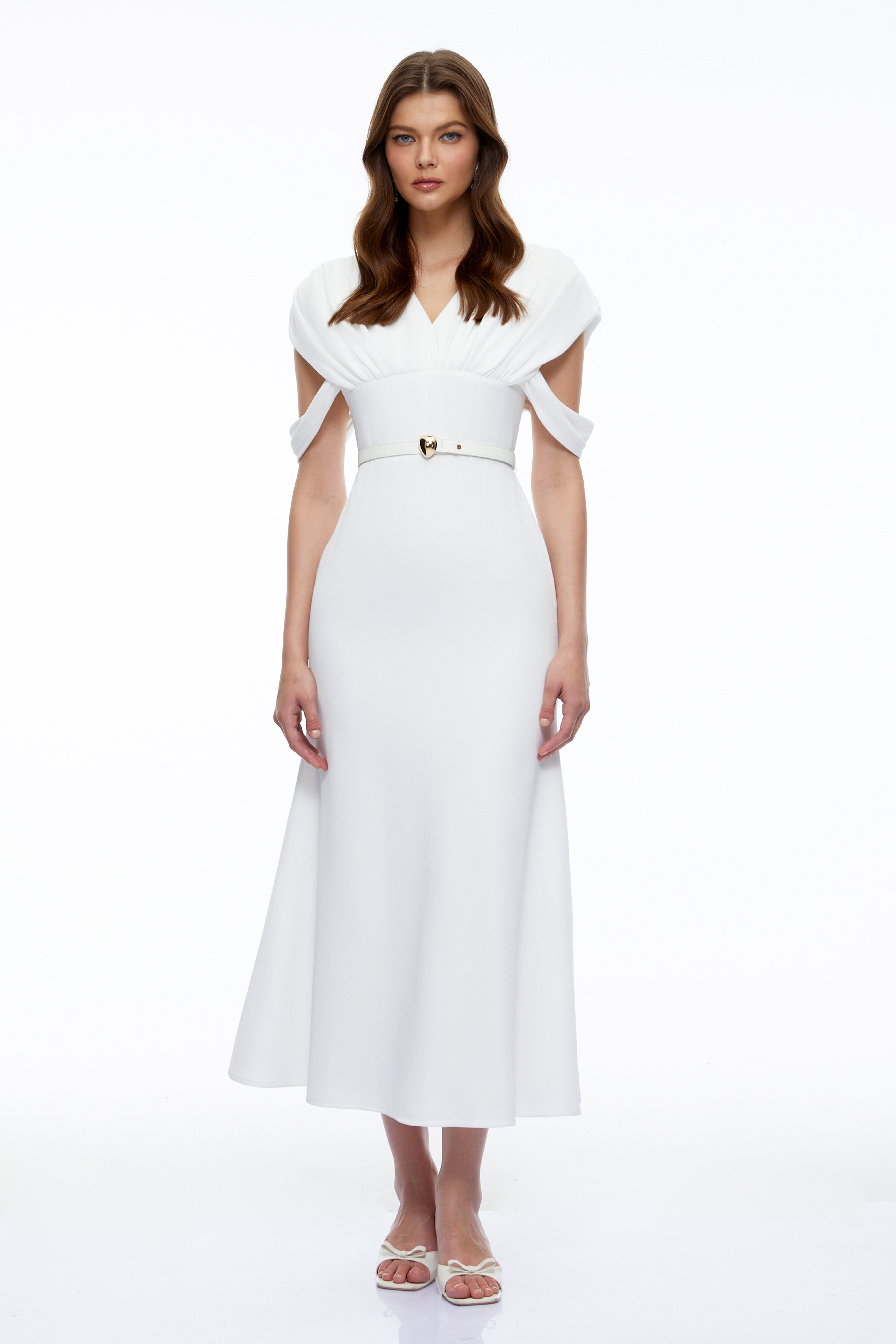 Eleanor White V-Neck Midi Dress with Cape Sleeves