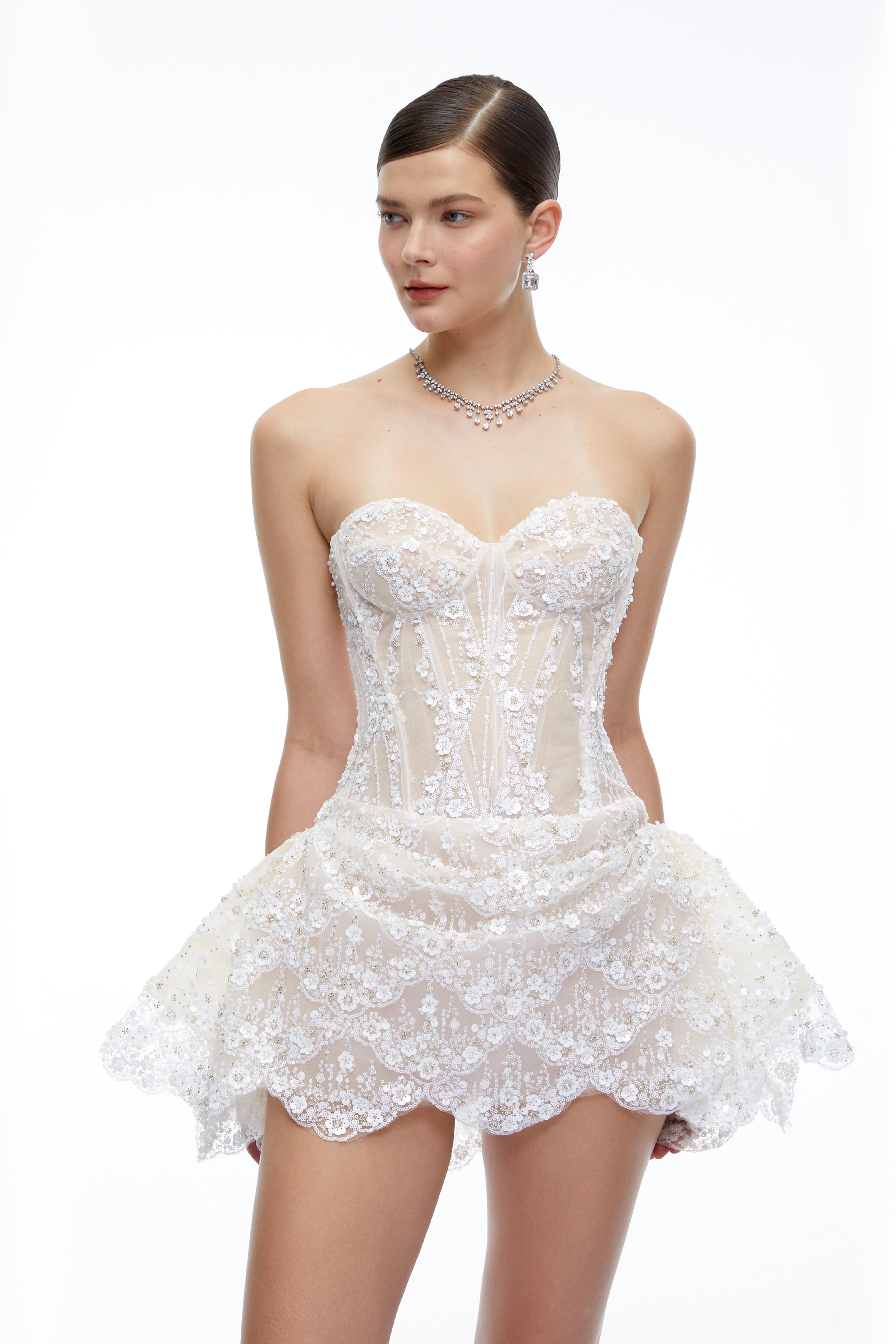 Eliana White Sequin Corset Mini Dress with Ruffles