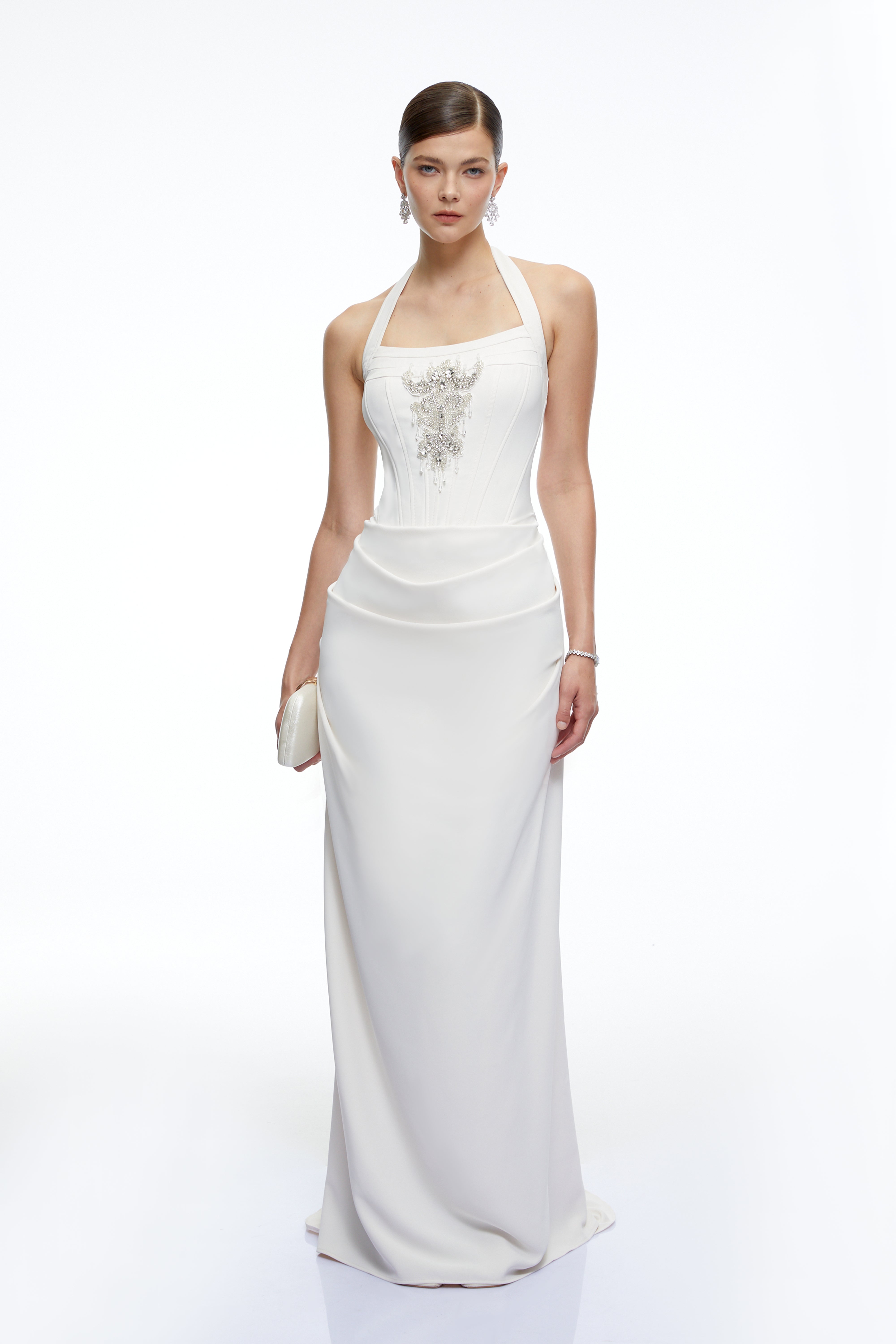 Robe longue à col licou ornée « Eliane White »